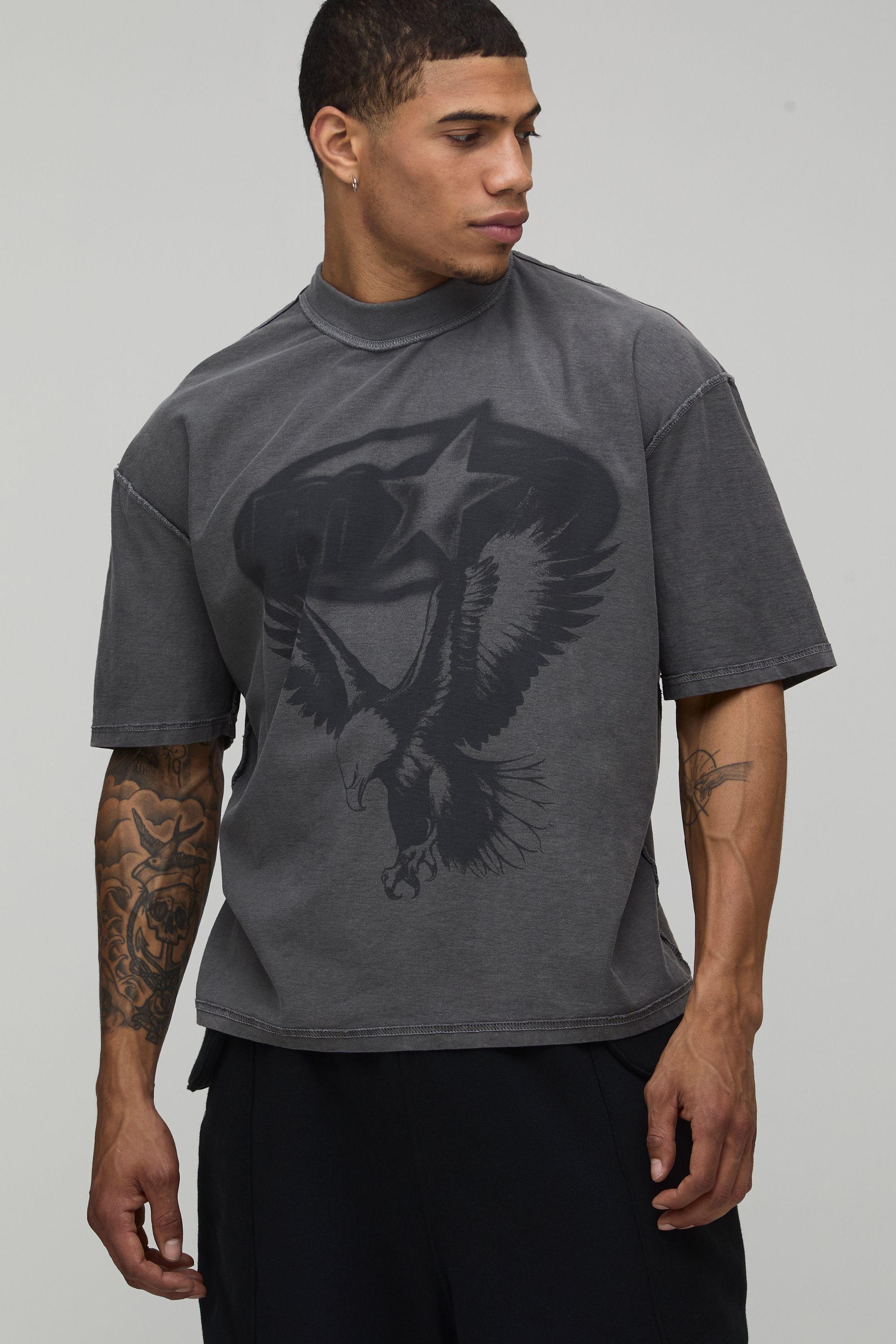 Washed Charcoal Oversized Boxy Eagle Print Exposed Seam T-Shirt by BOOHOOMAN