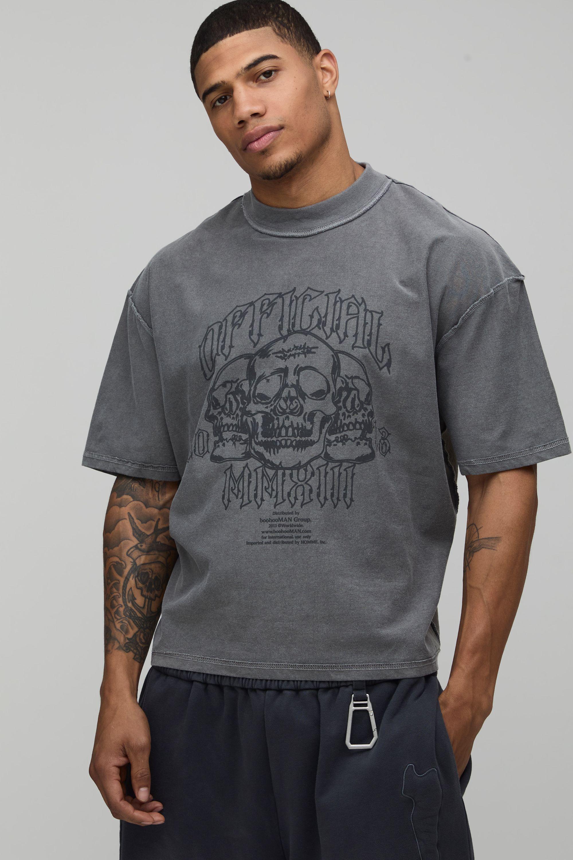 Washed Charcoal Oversized Boxy Skull Exposed Seam T-Shirt by BOOHOOMAN