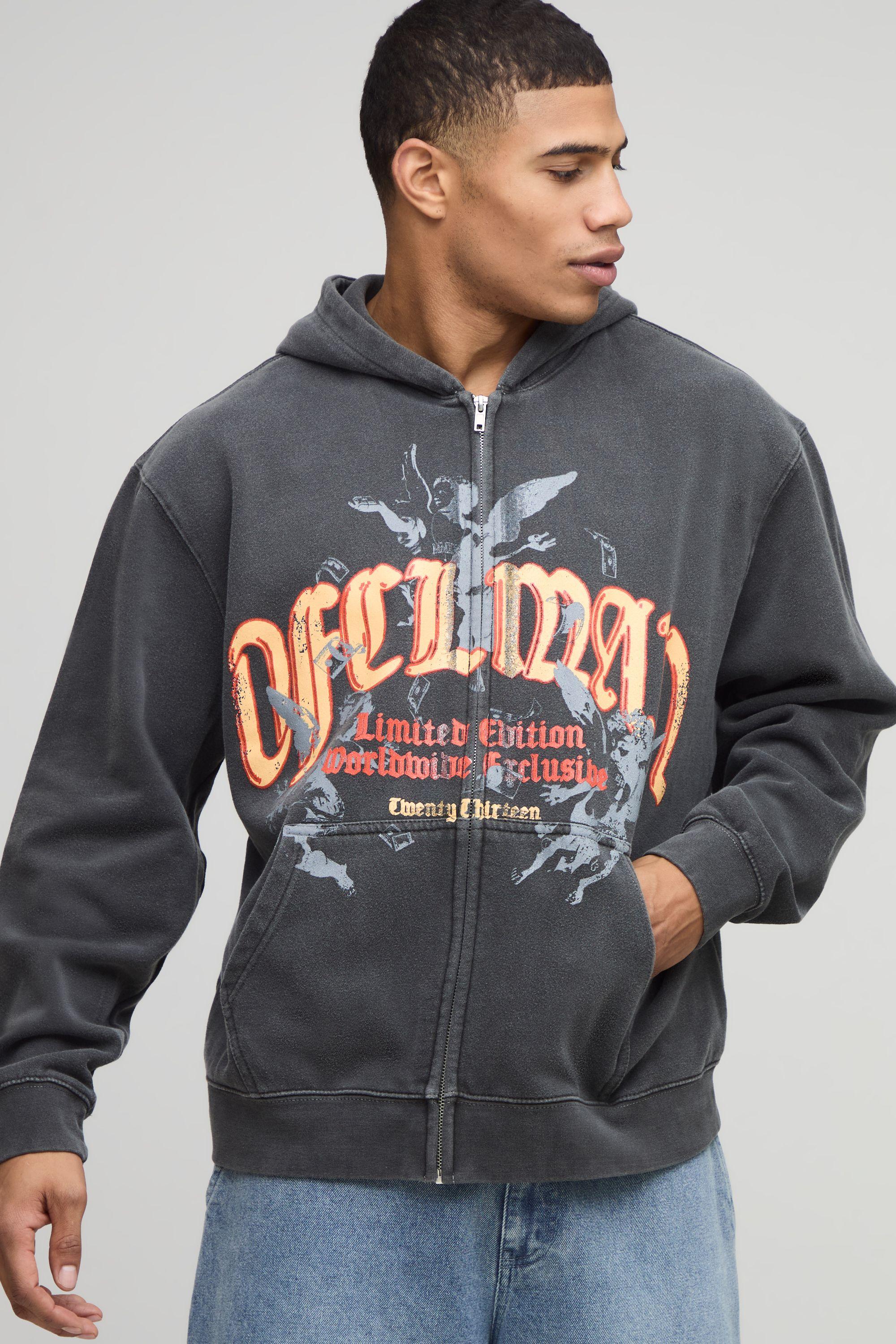 Washed Charcoal Oversized Boxy Zip Through Ofcl Man Printed Hoodie by BOOHOOMAN