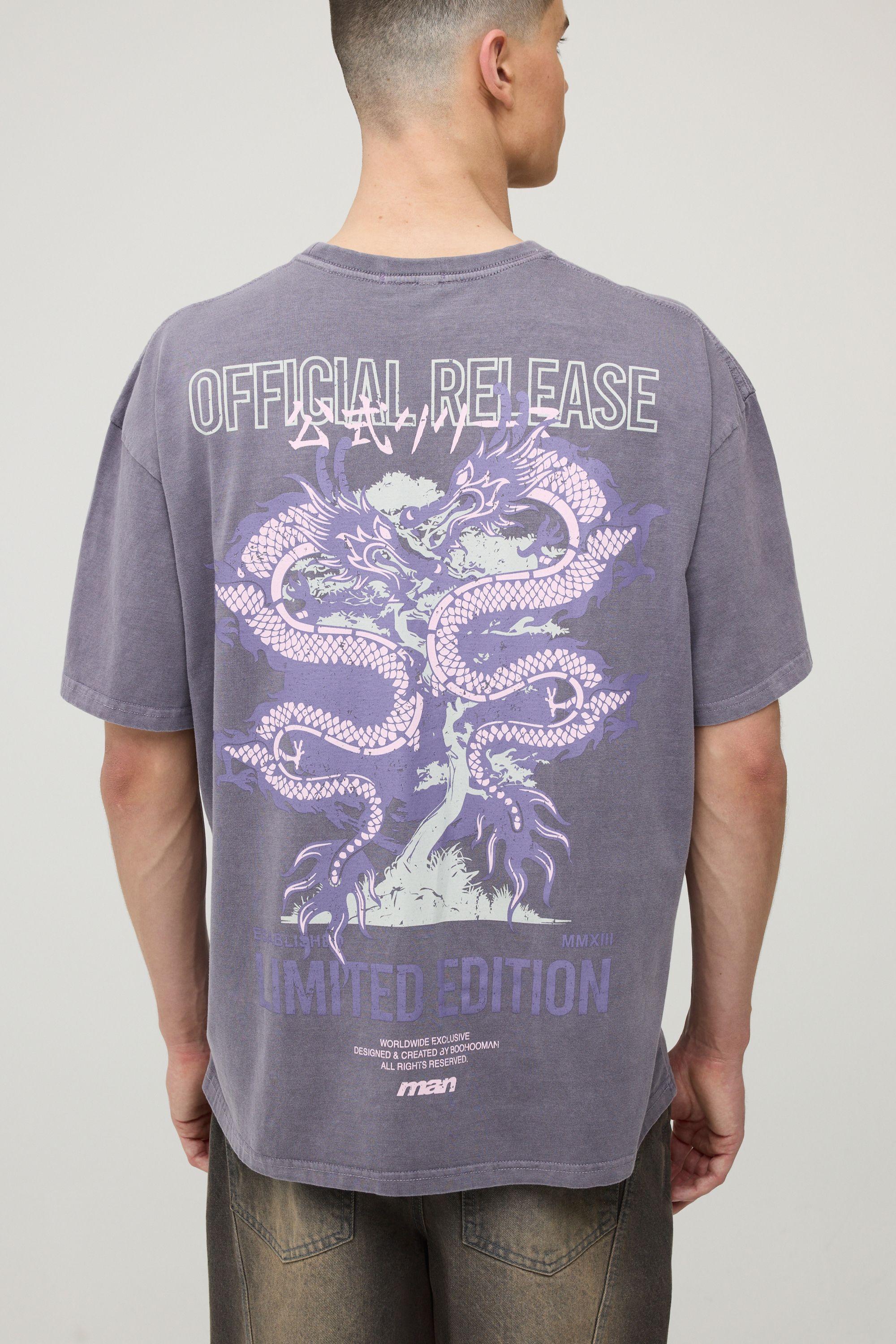 Washed Charcoal Oversized Dragon Print T-Shirt by BOOHOOMAN