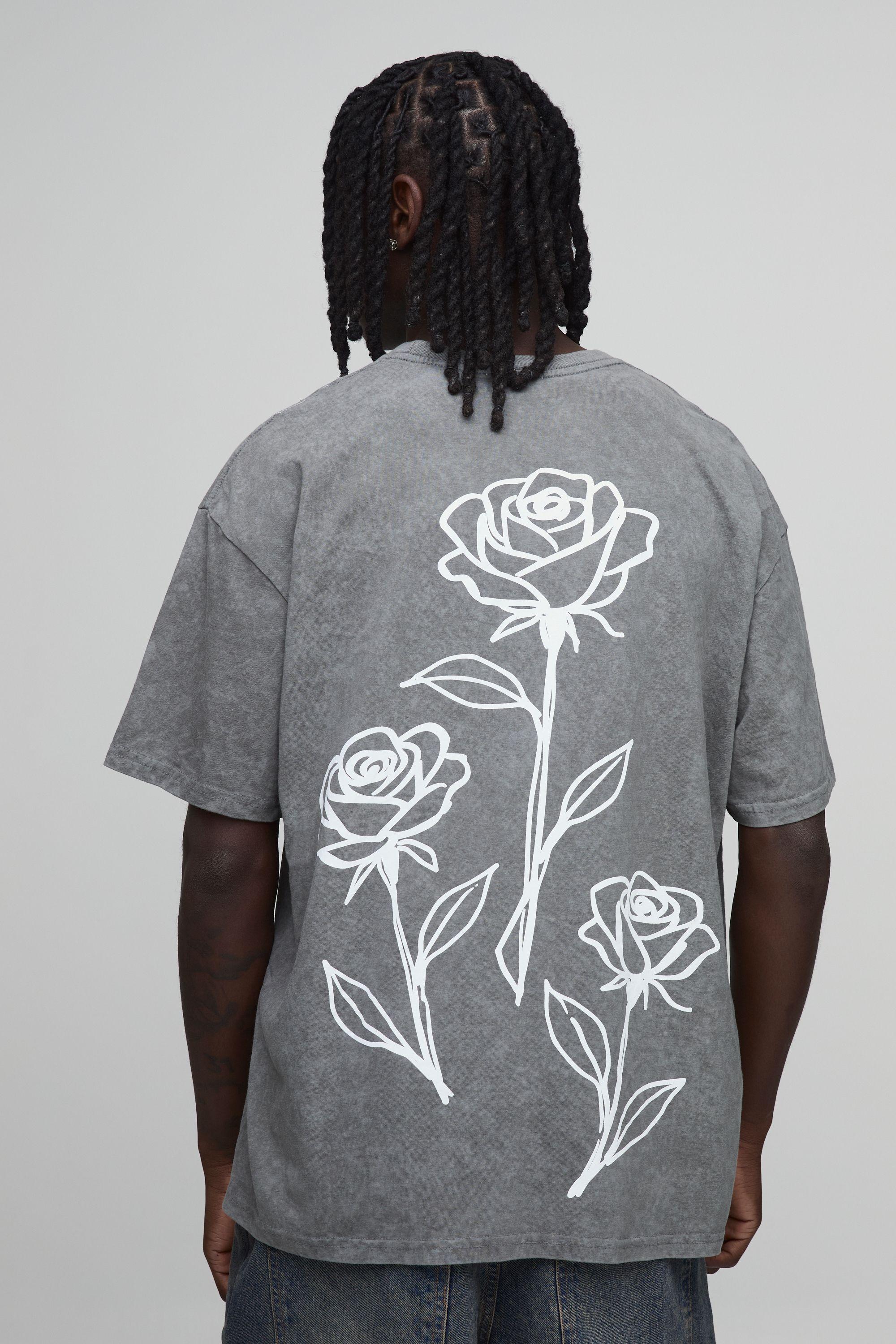 Washed Charcoal Oversized Floral Line Drawn Print T-Shirt by BOOHOOMAN