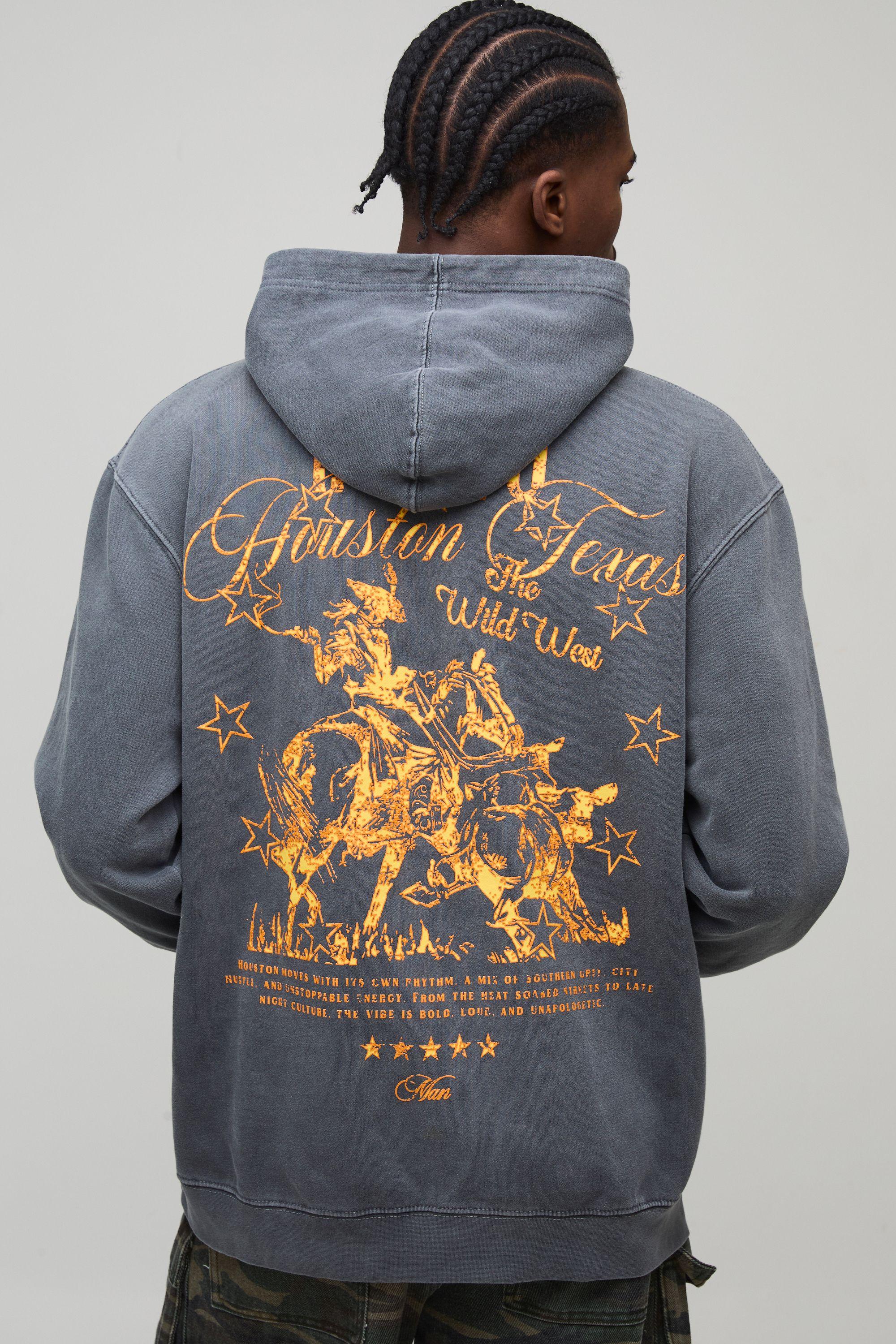 Washed Charcoal Oversized Texas Western Printed Hoodie by BOOHOOMAN Washed Charcoal Oversized Texas Western Printed Hoodie by BOOHOOMAN