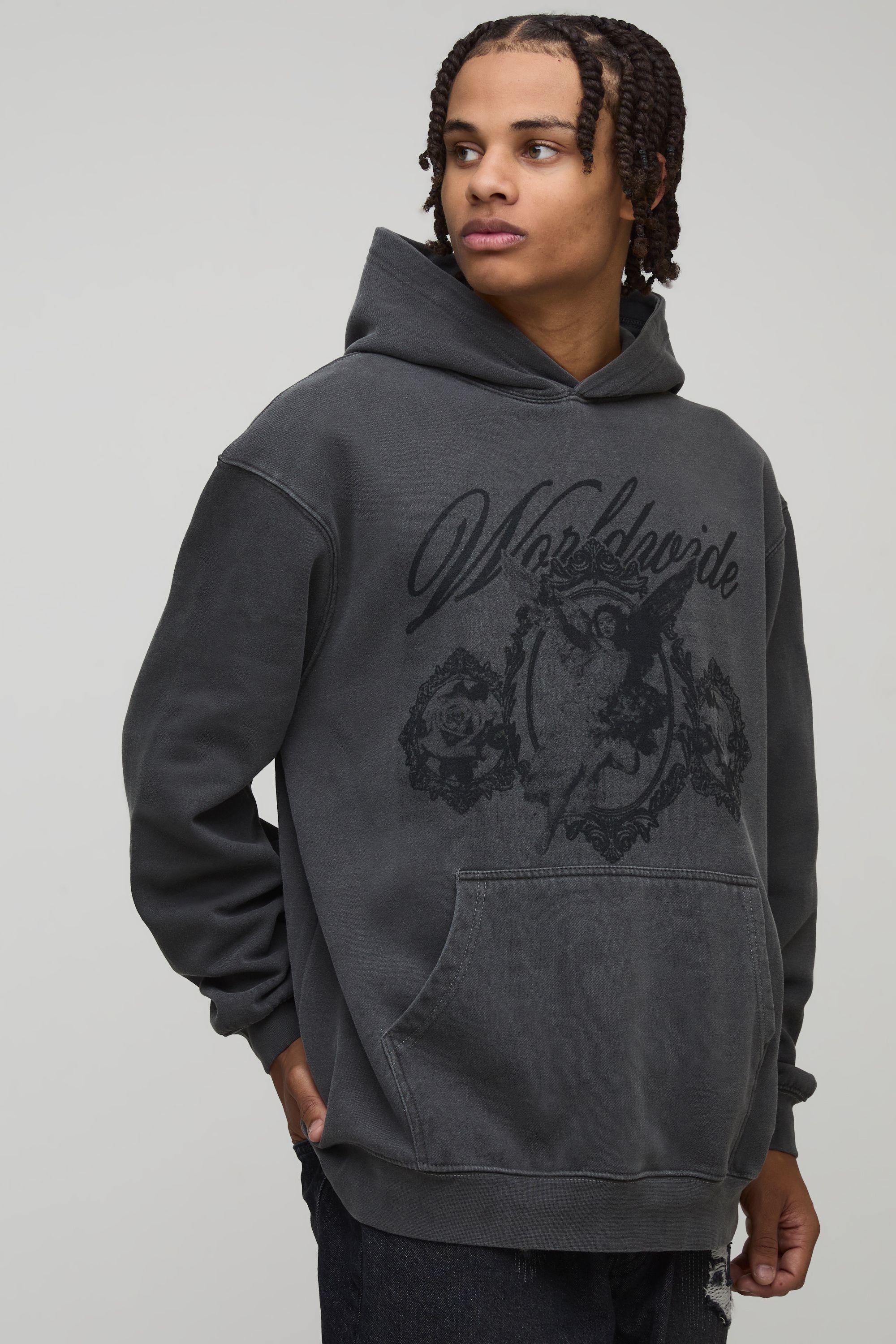 Washed Charcoal Oversized Worldwide Renaissance Printed Hoodie by BOOHOOMAN