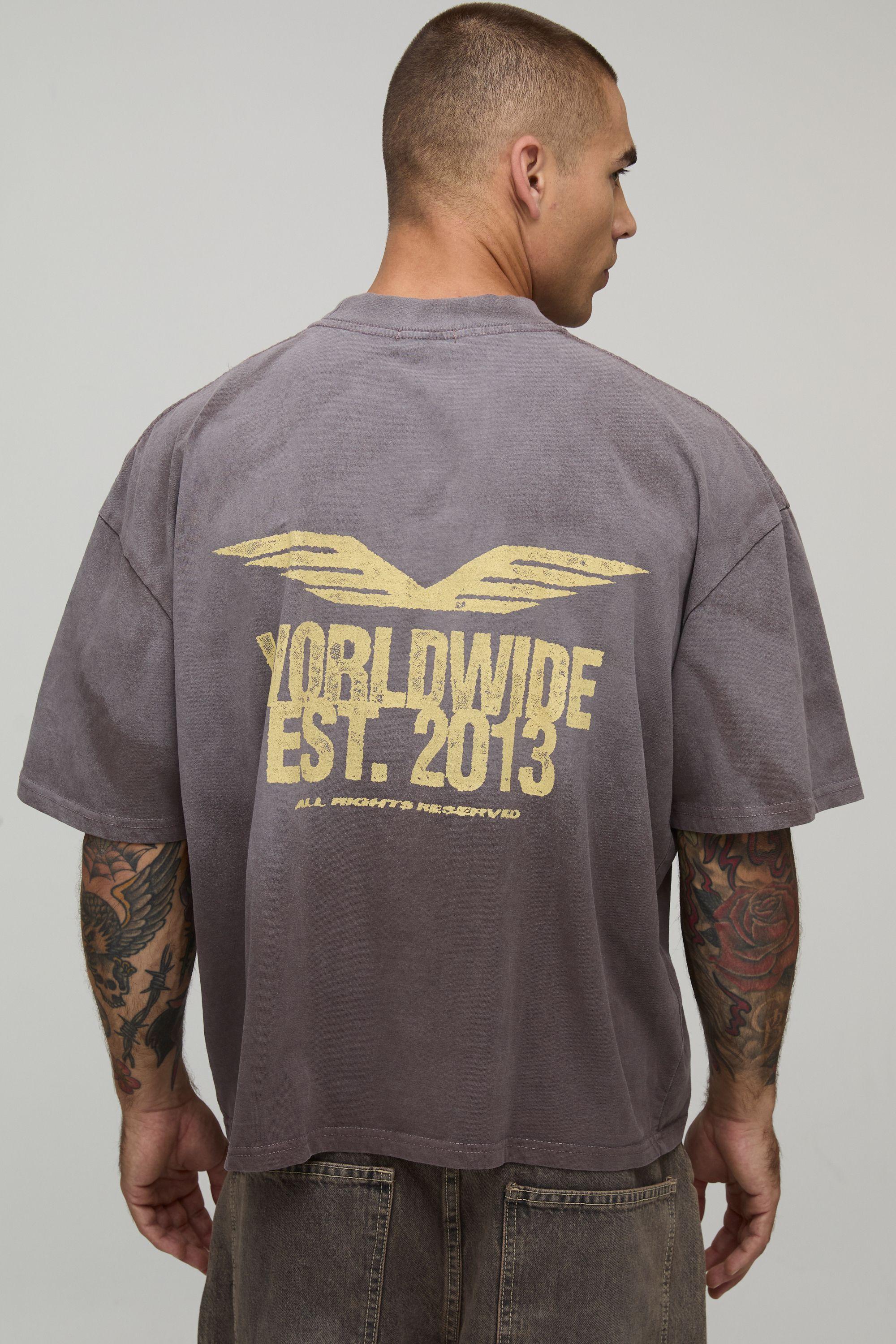 Washed Chocolate Oversized Printed Spray Wash T-Shirt by BOOHOOMAN