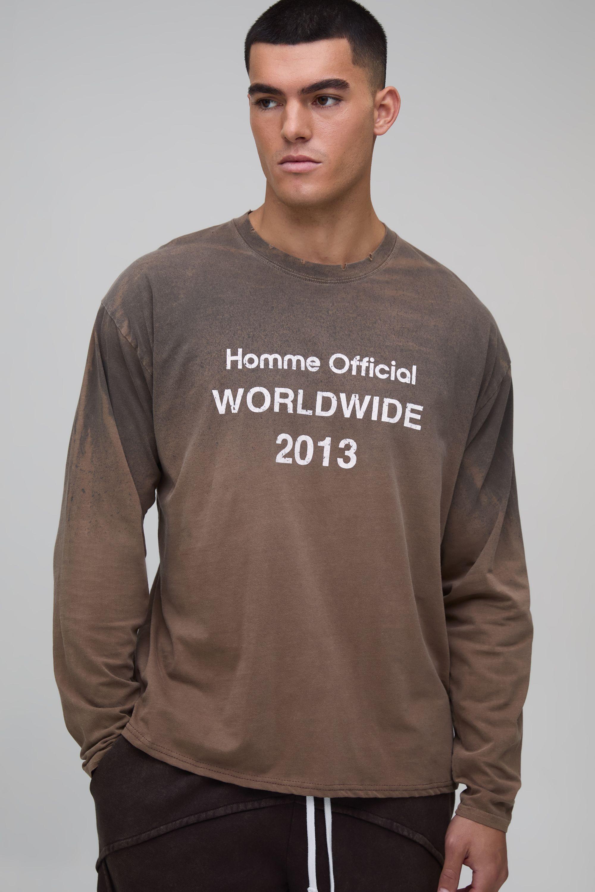 Washed Chocolate Regular Homme Official Print Spray Long Sleeve T-Shirt by BOOHOOMAN