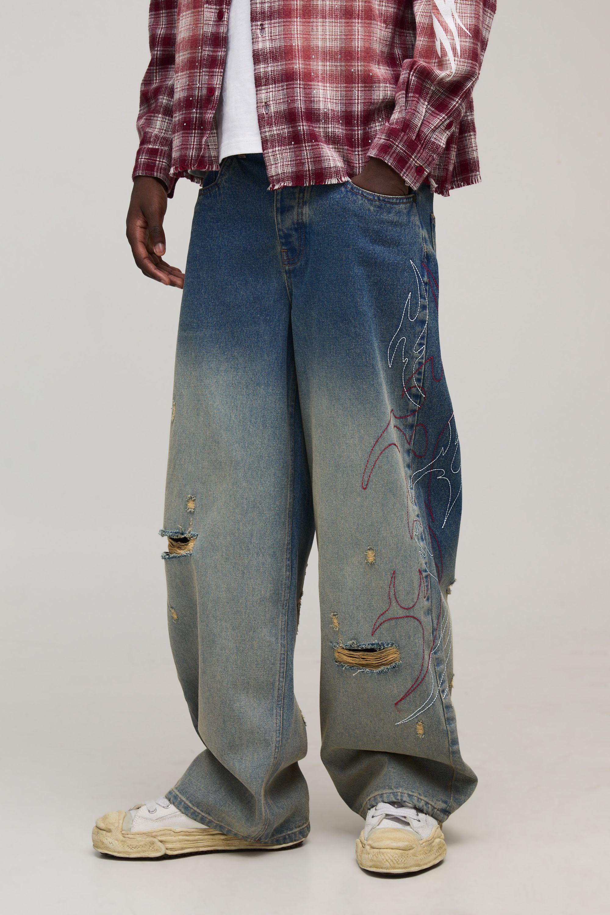 Washed Gothic Embroidered Ripped Baggy Fit Jeans by BOOHOOMAN