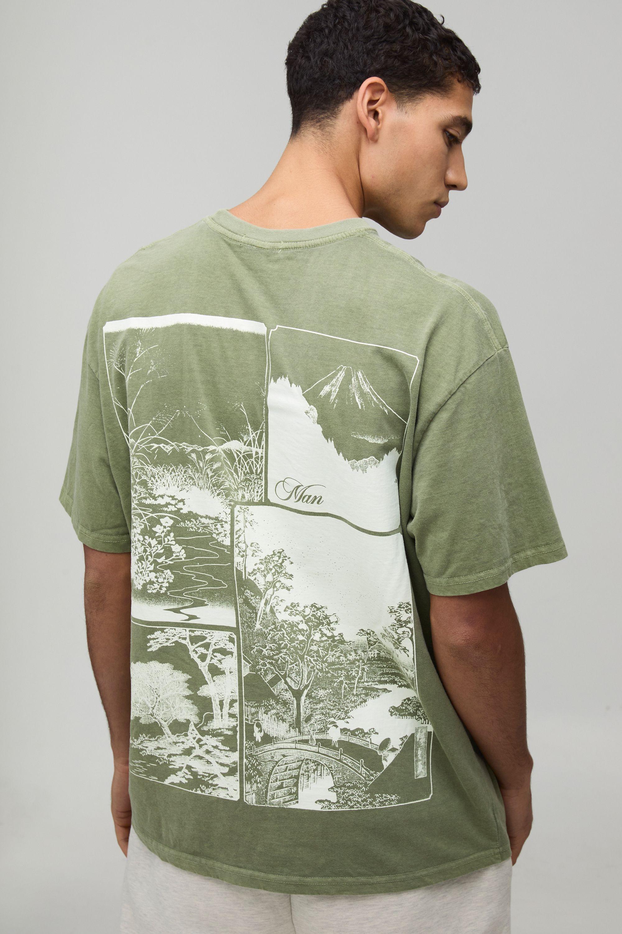 Washed Green Oversized Location Print T-Shirt by BOOHOOMAN