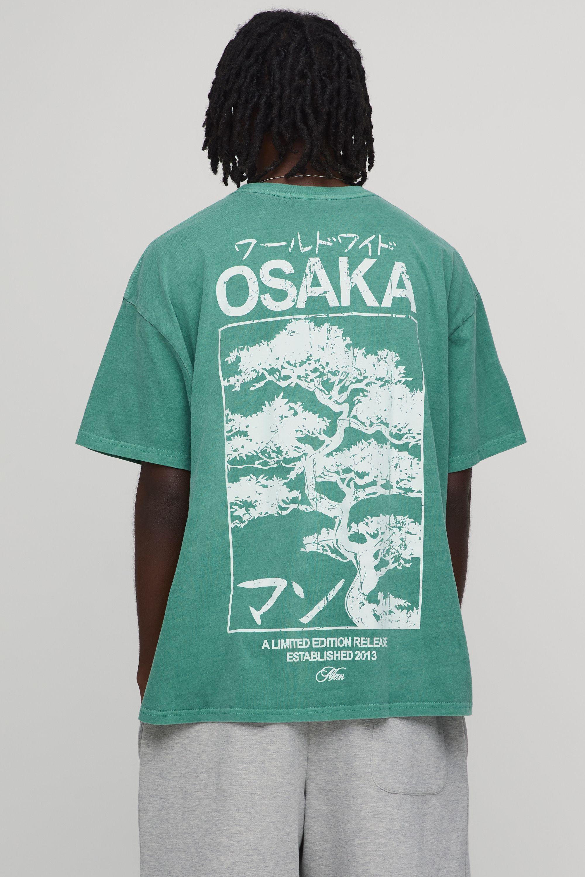 Washed Green Oversized Osaka Tree Print T-Shirt by BOOHOOMAN