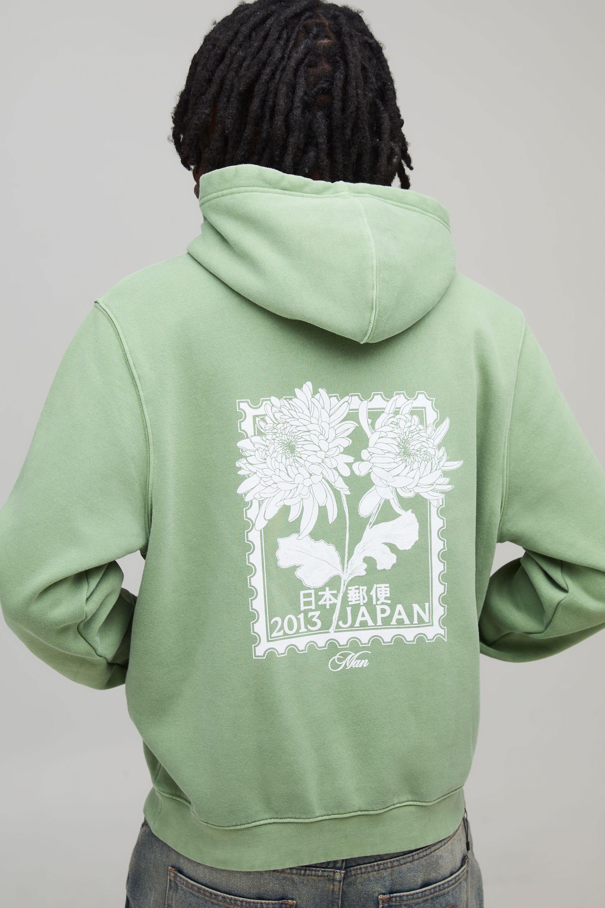 Washed Green Relaxed Floral Japan Print Hoodie by BOOHOOMAN