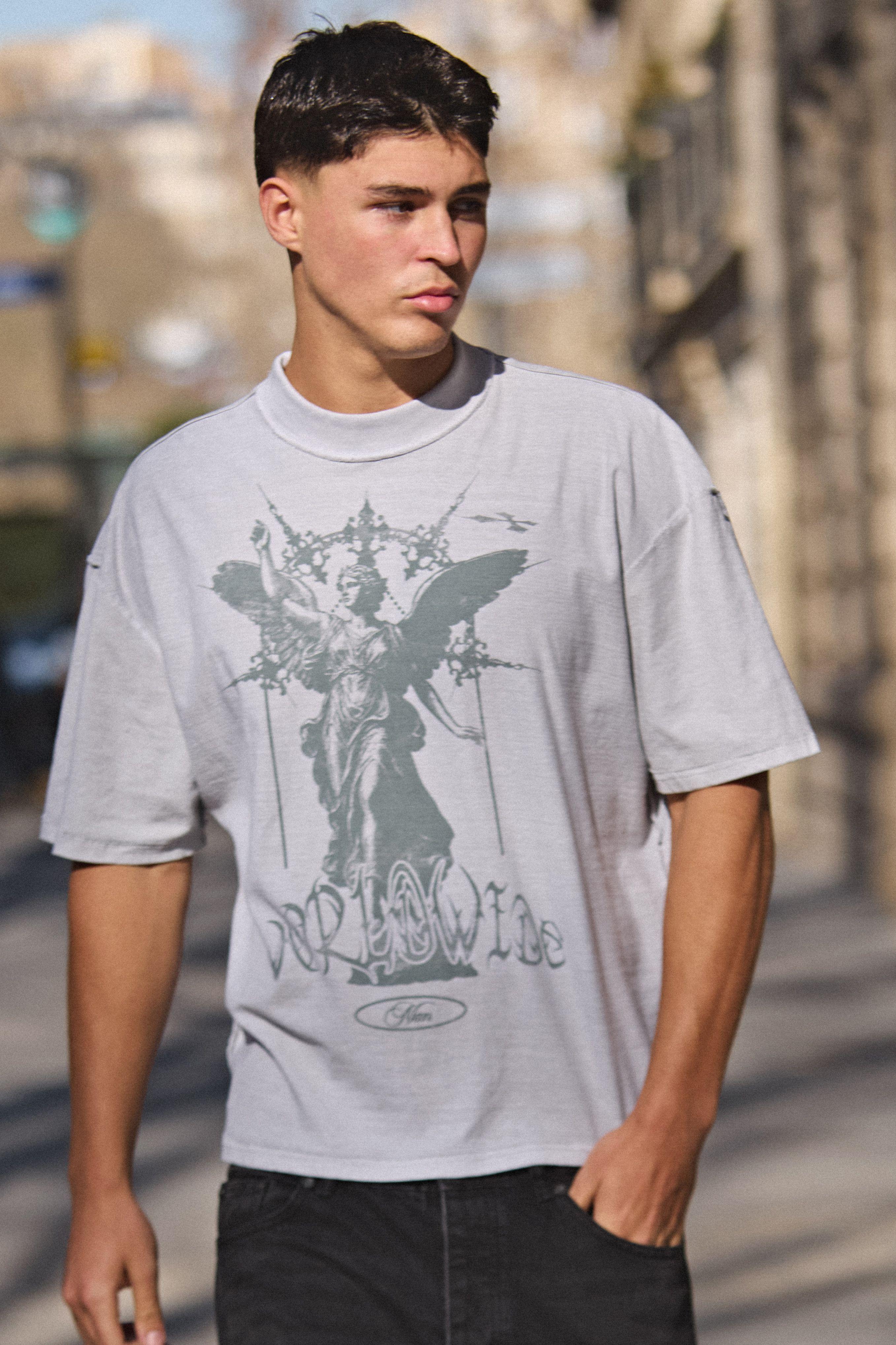 Washed Grey Oversized Boxy Exposed Seam Renaissance Print T-Shirt by BOOHOOMAN