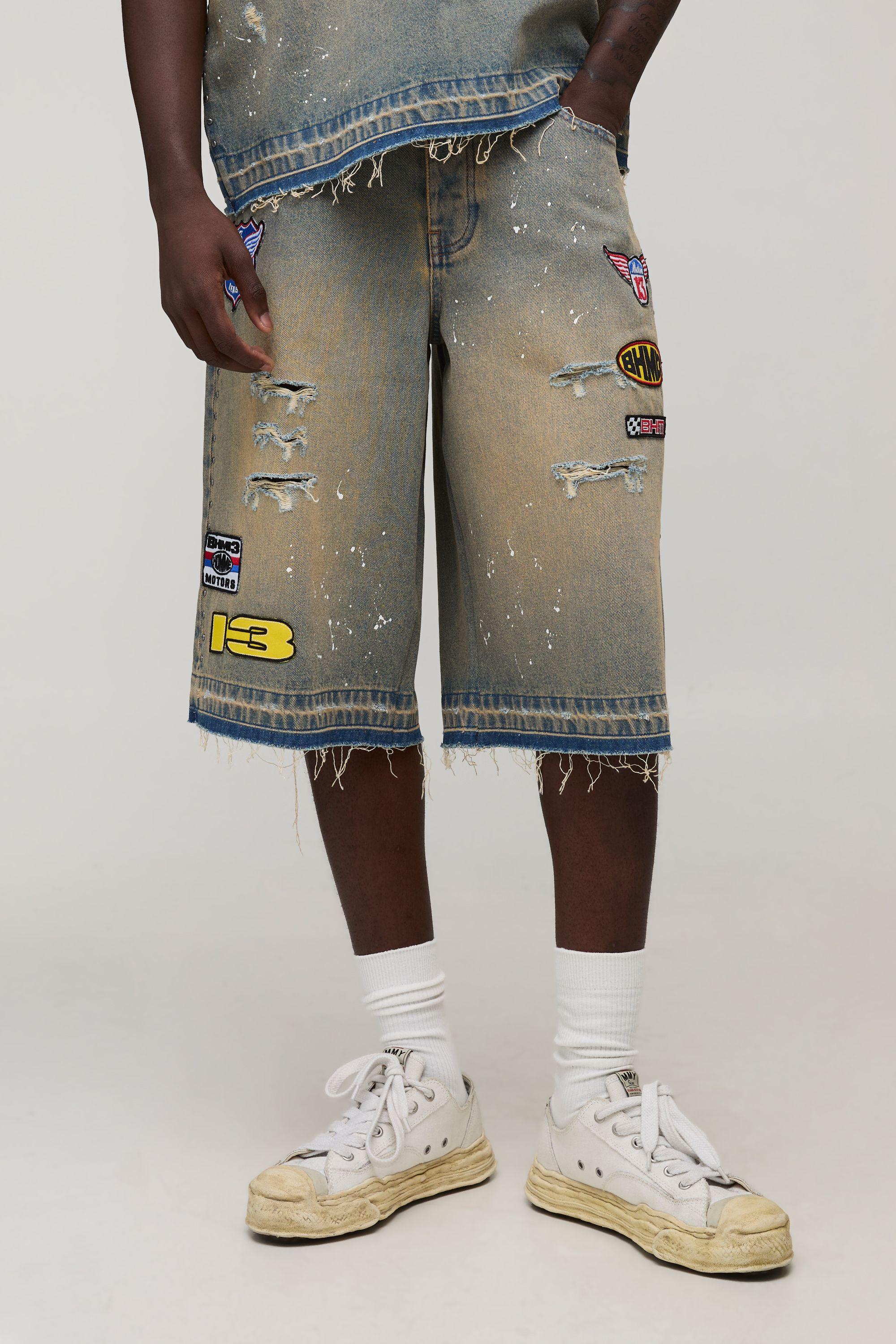 Washed Moto Badge Longline Jorts by BOOHOOMAN