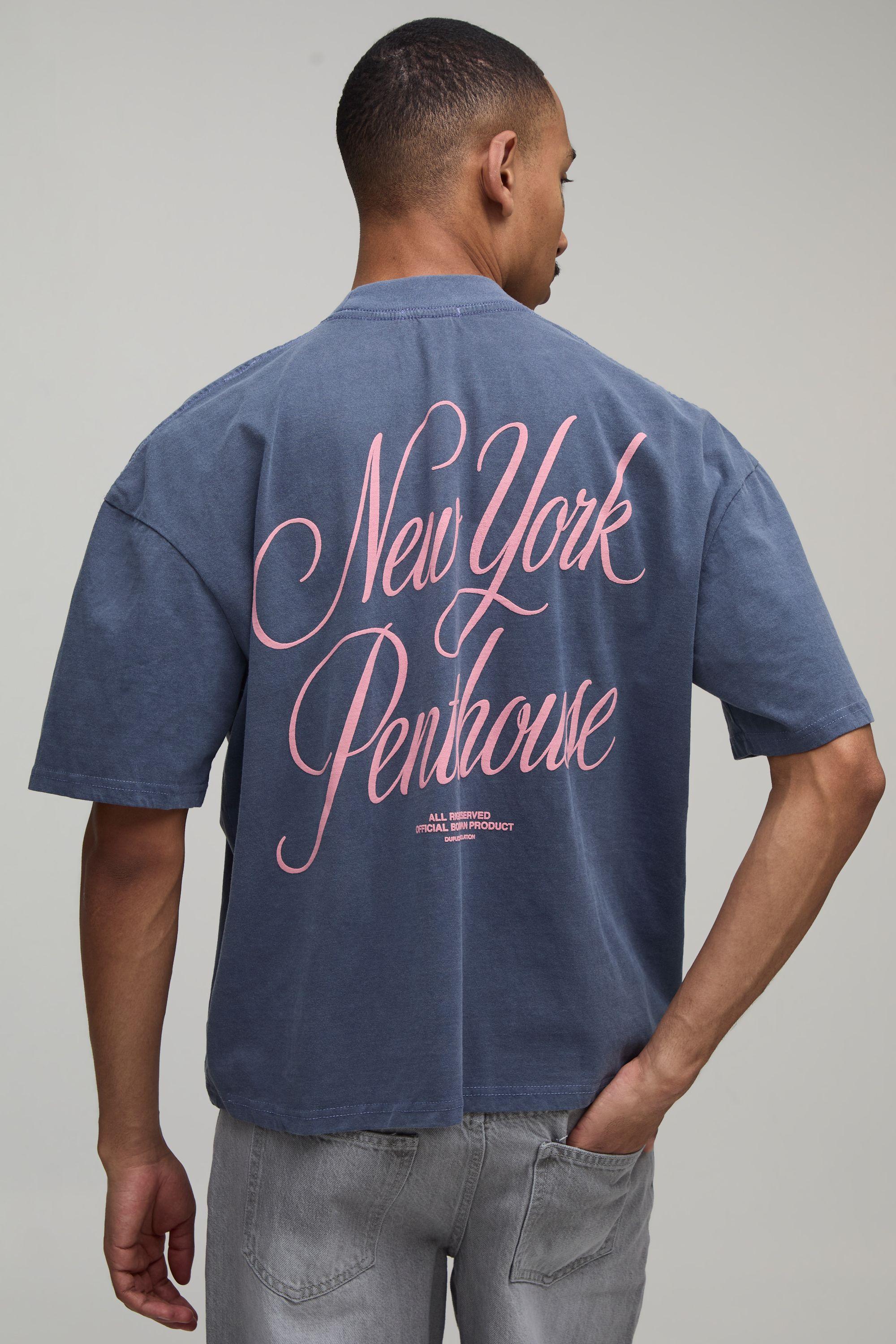 Washed Navy Oversized Penthouse Puff Print T-Shirt by BOOHOOMAN