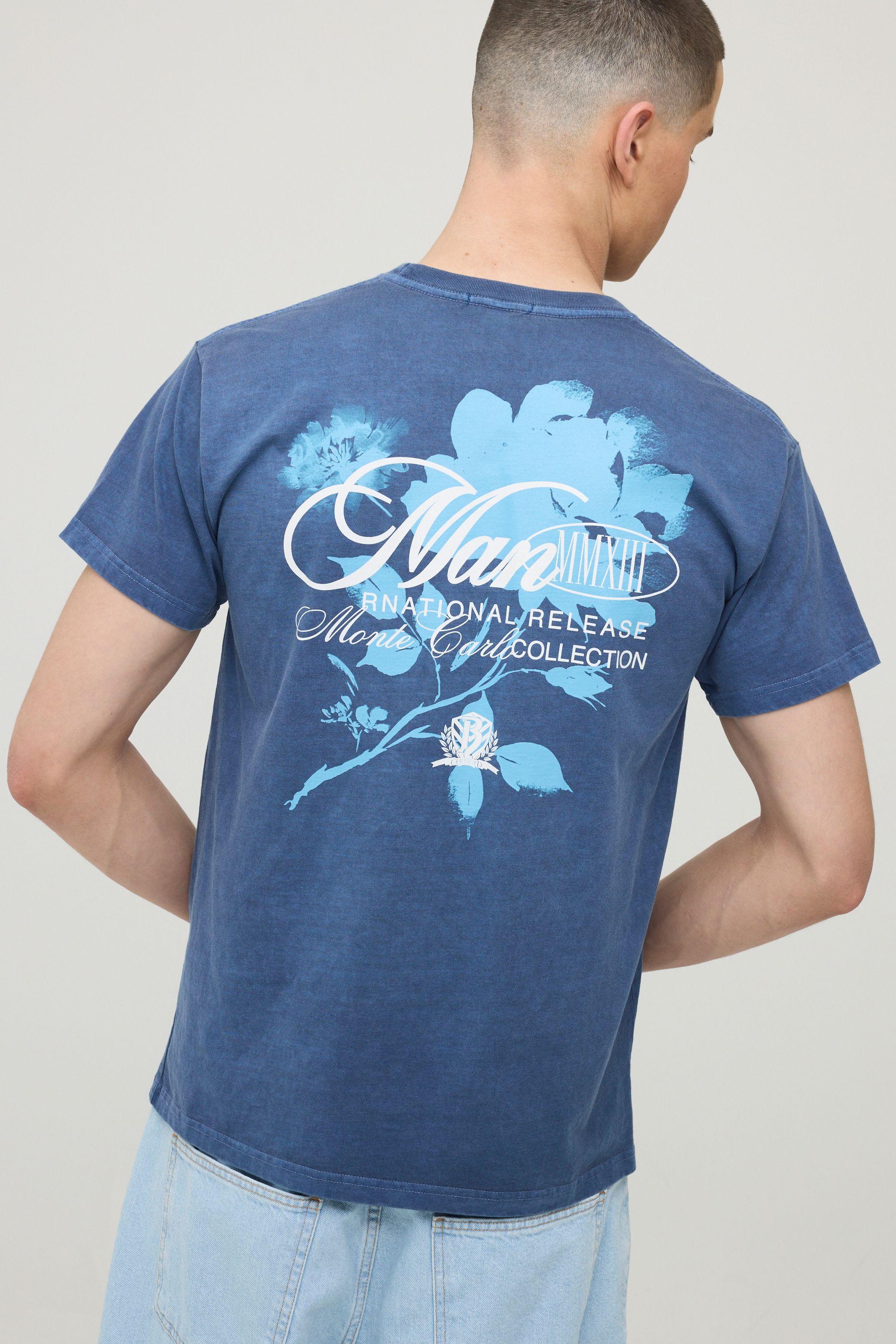 Washed Navy Regular Tonal Floral Print T-Shirt by BOOHOOMAN