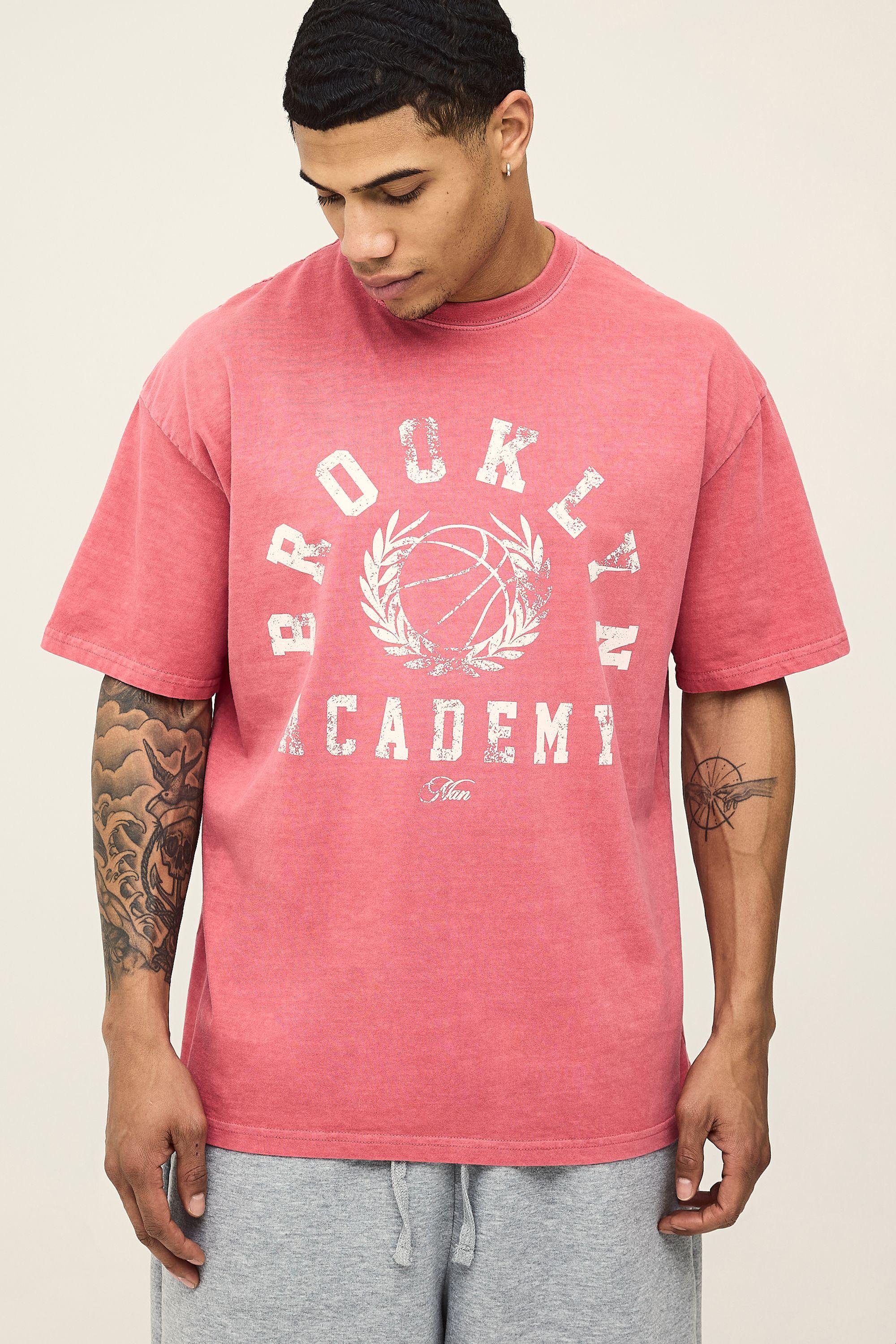 Washed Red Oversized Brooklyn Print T-Shirt by BOOHOOMAN