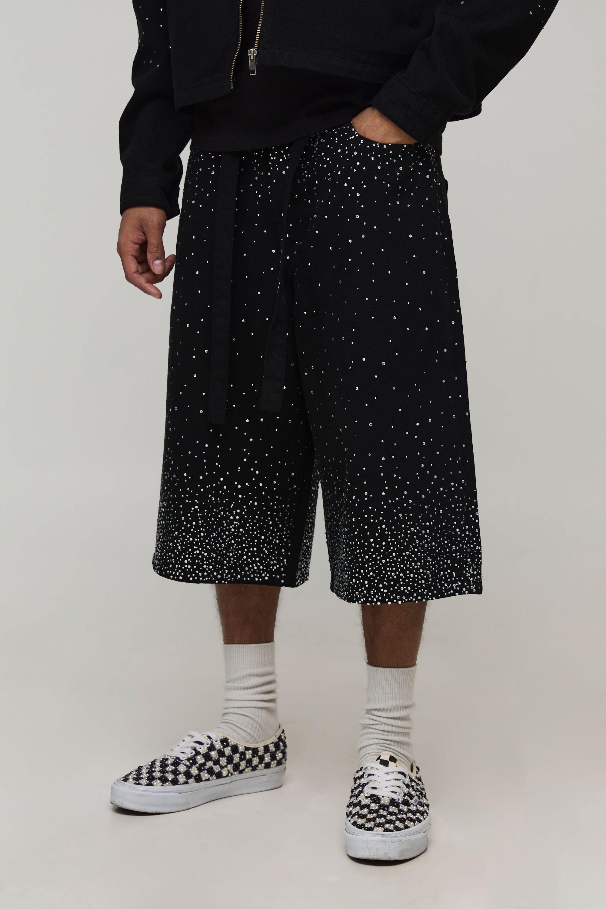Washed Relaxed Fit Belted Rhinestone Denim Jorts by BOOHOOMAN