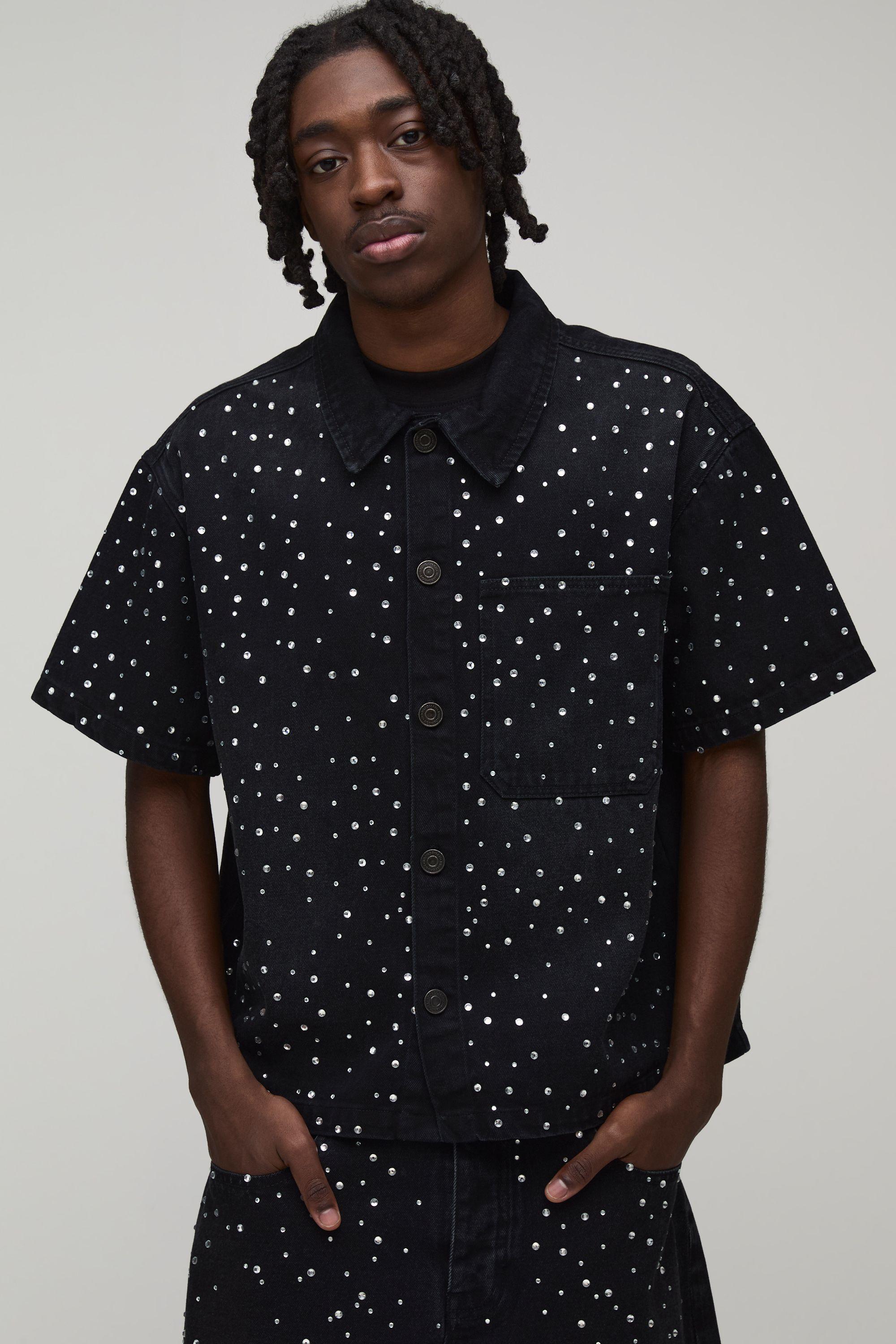Washed Rhinestone Boxy Oversized Revere Denim Shirt by BOOHOOMAN