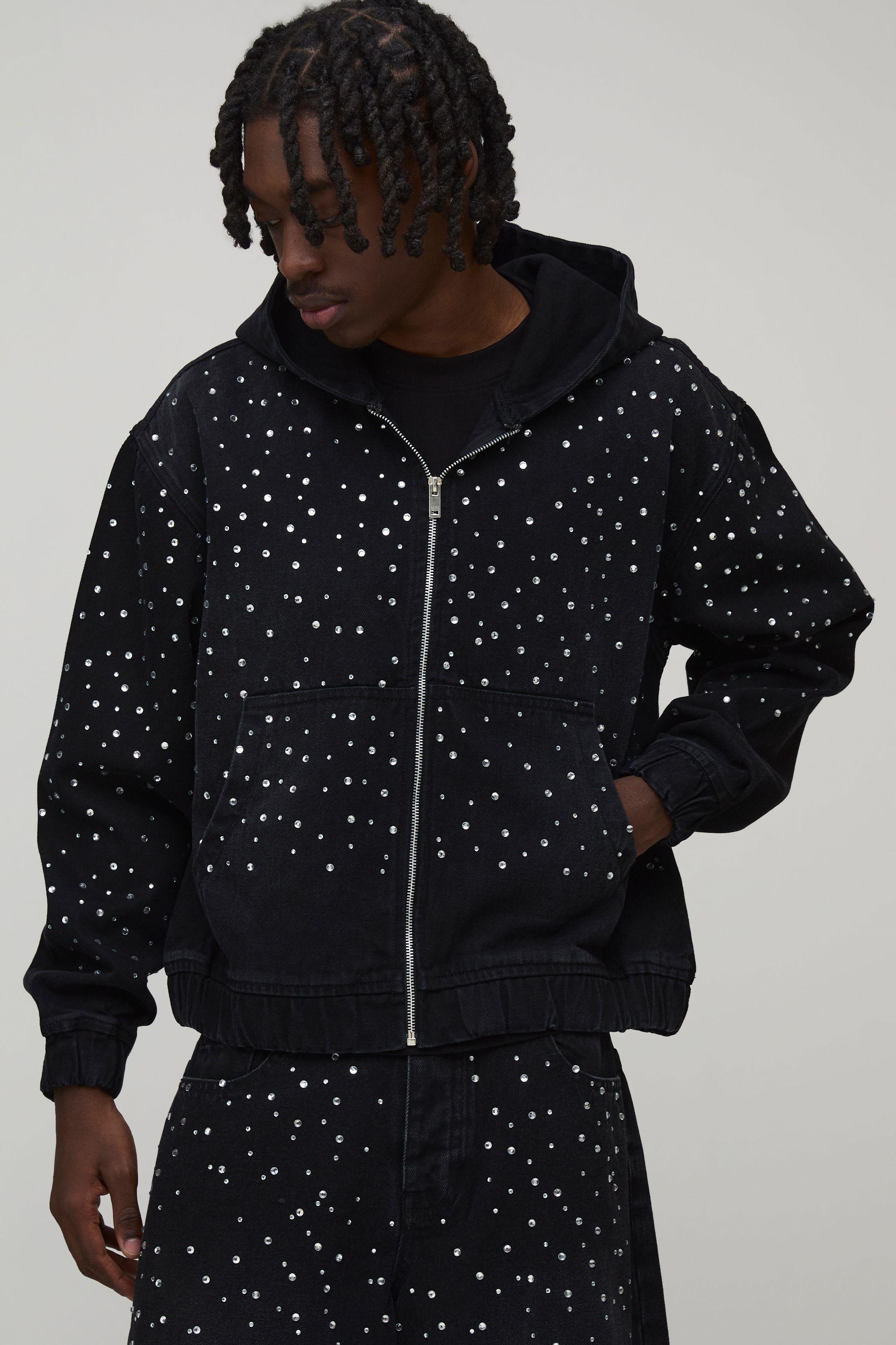 Washed Rhinestone Boxy Oversized Zip Up Denim Hoodie by BOOHOOMAN