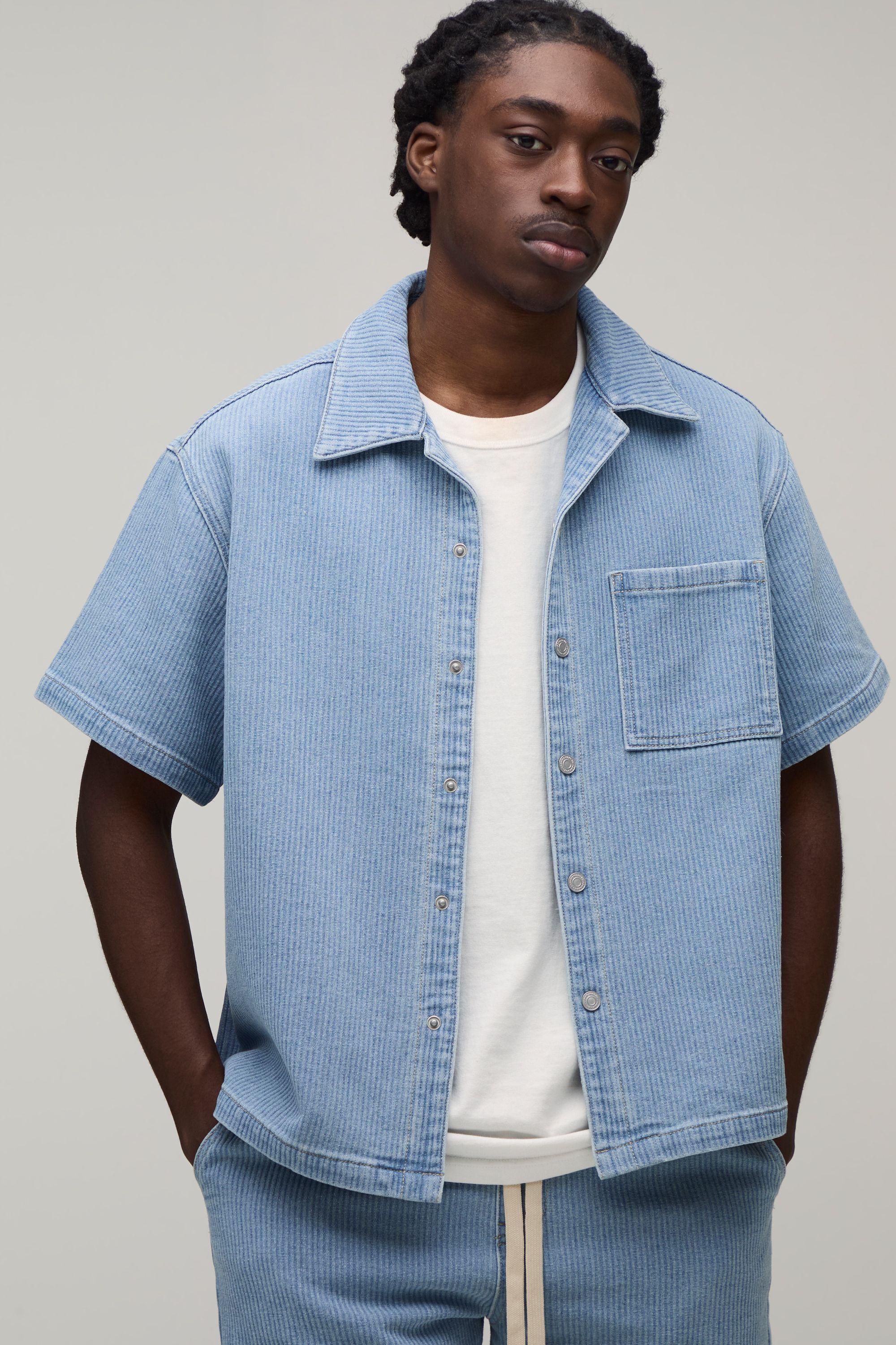 Washed Ribbed Regular Denim Shirt by BOOHOOMAN
