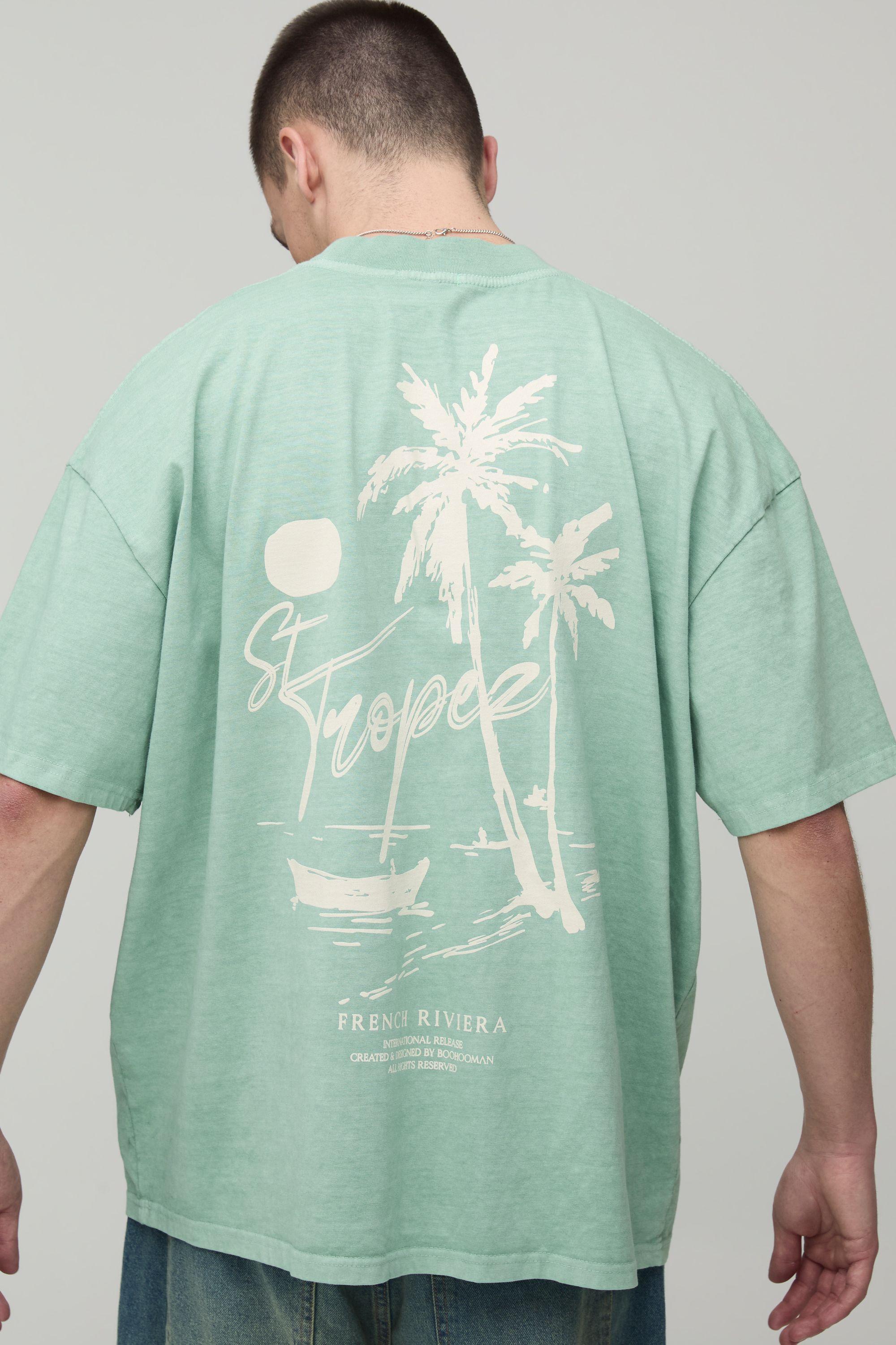 Washed Sage Oversized Heavyweight Palm Print Extended Neck T-Shirt by BOOHOOMAN