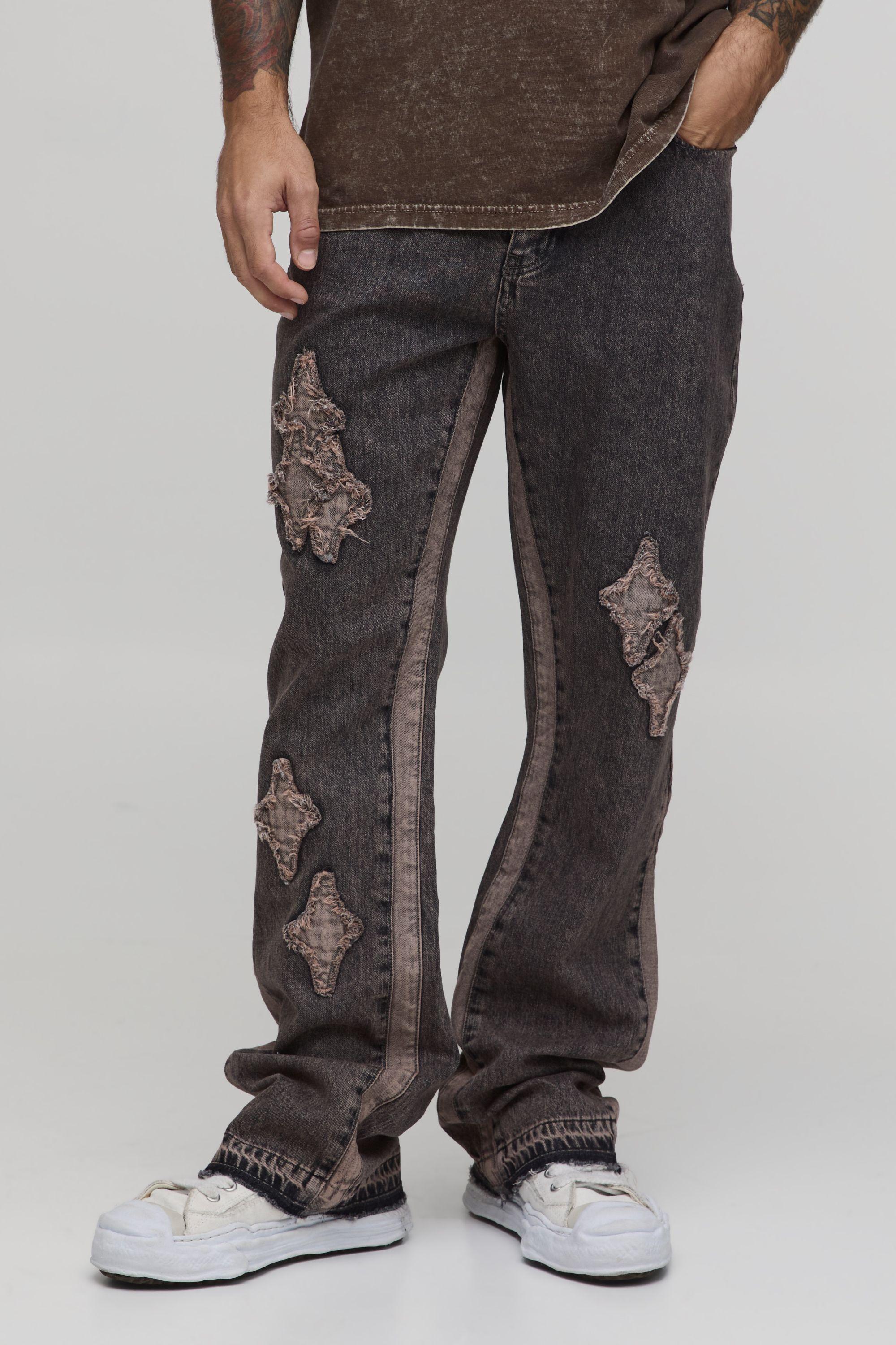 Washed Slim Flare Applique Panel Jeans by BOOHOOMAN