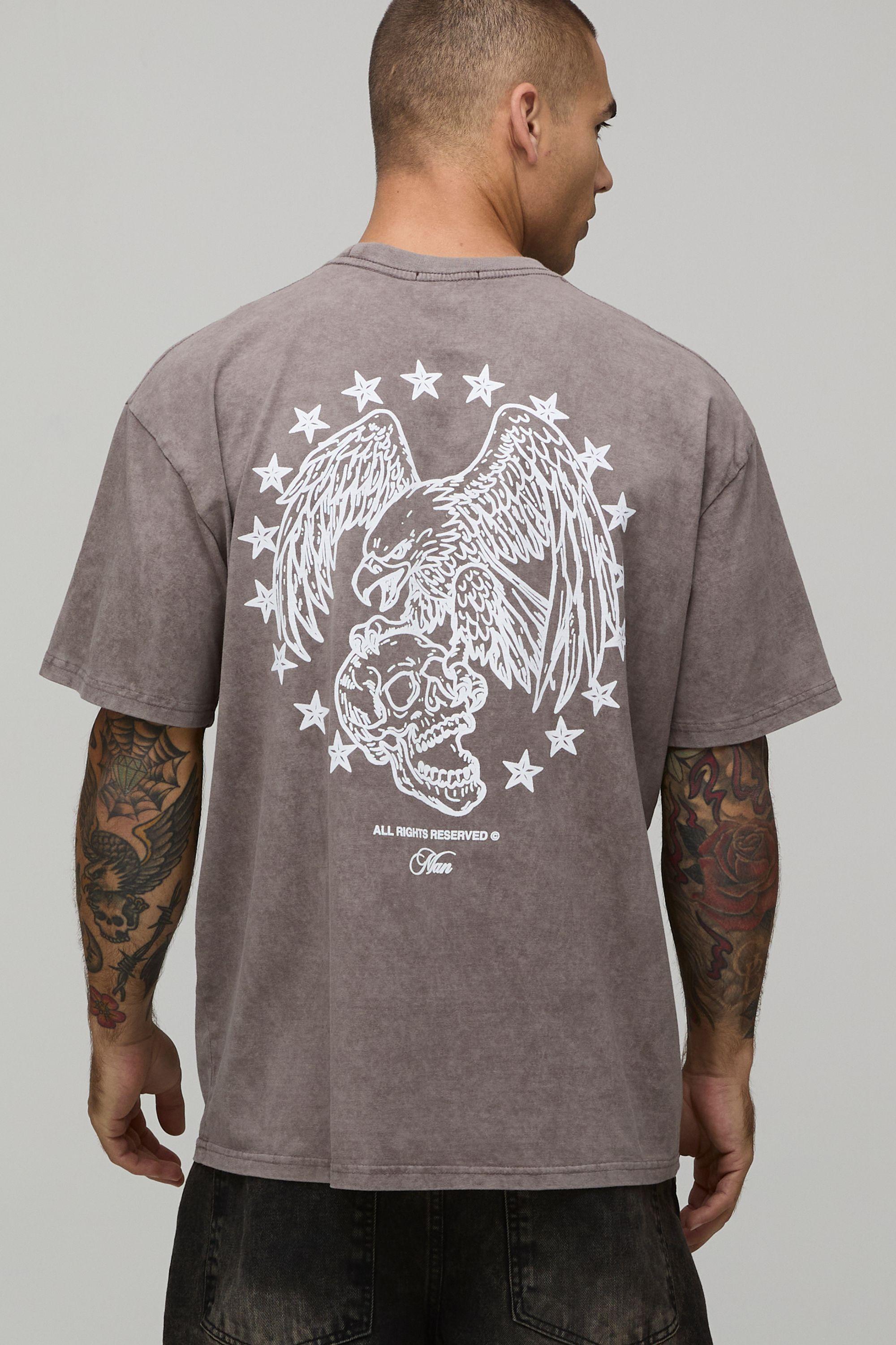 Washed Taupe Oversized Eagle Line Drawn Print T-Shirt by BOOHOOMAN