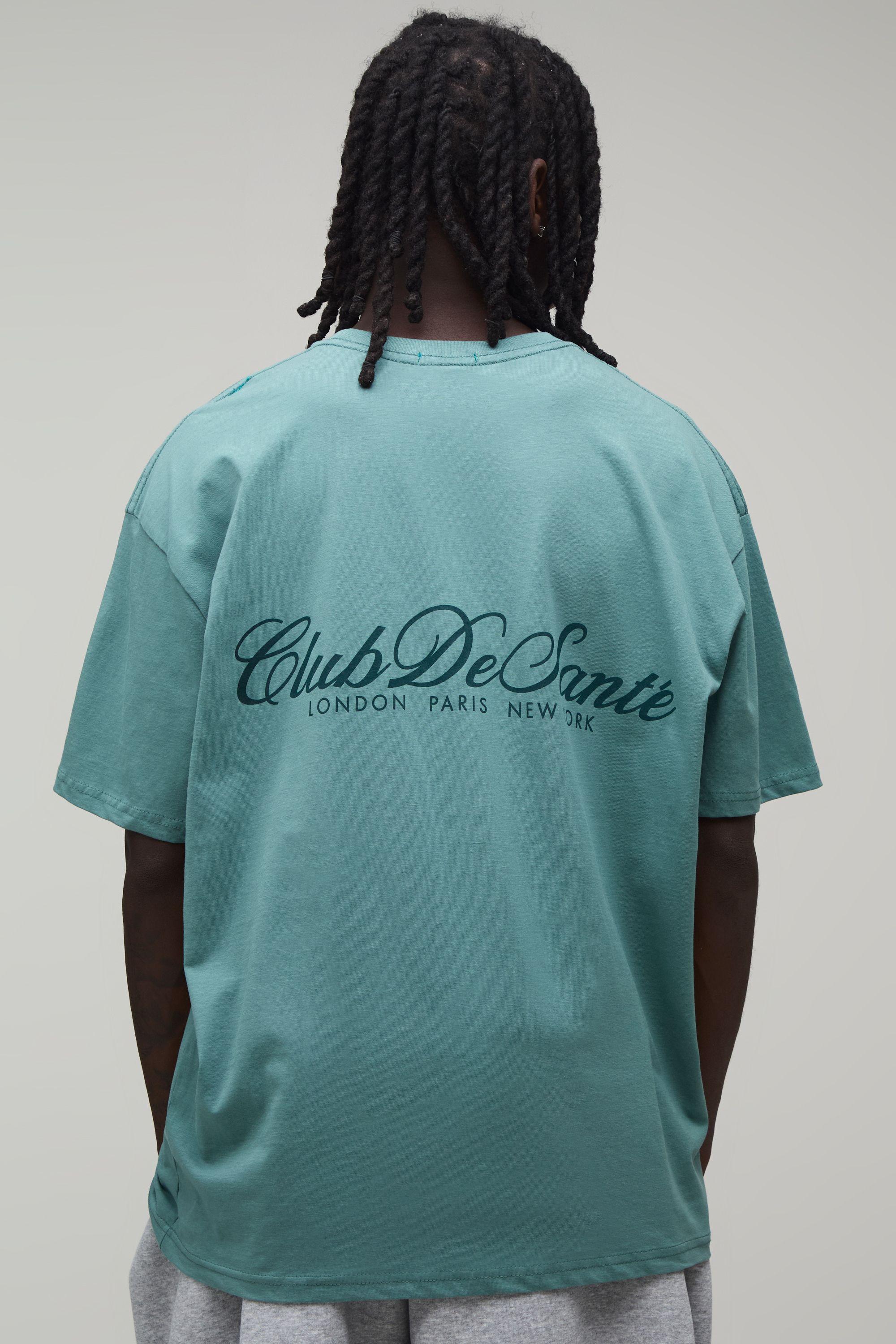 Washed Teal Oversized Club De Sante Printed T-Shirt by BOOHOOMAN