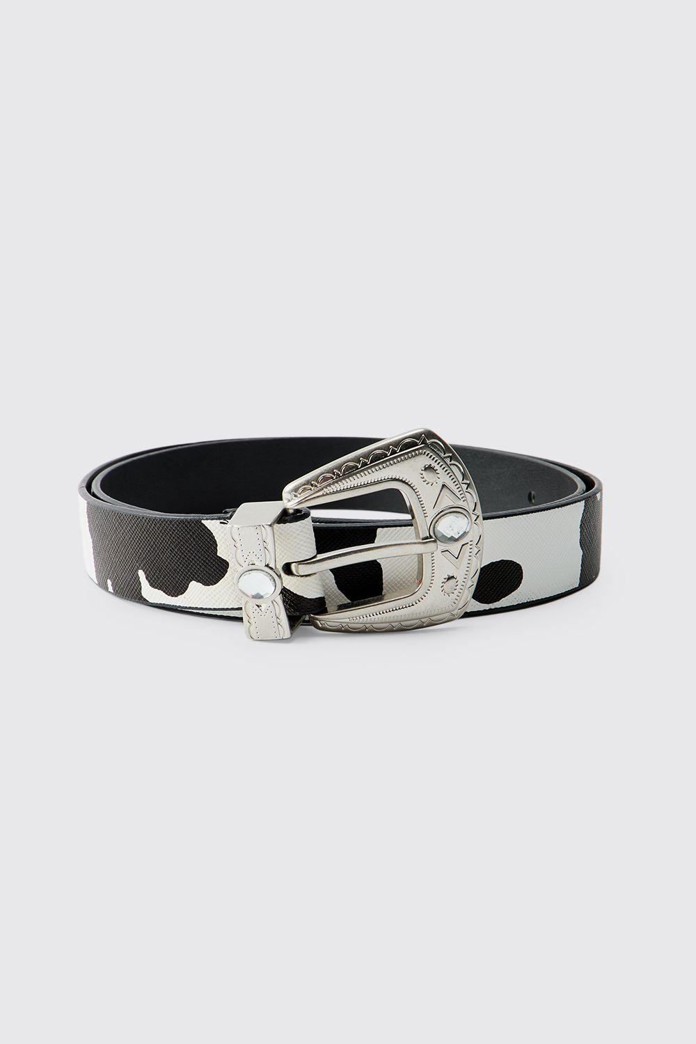 Western Buckle Cow Print Belt by BOOHOOMAN