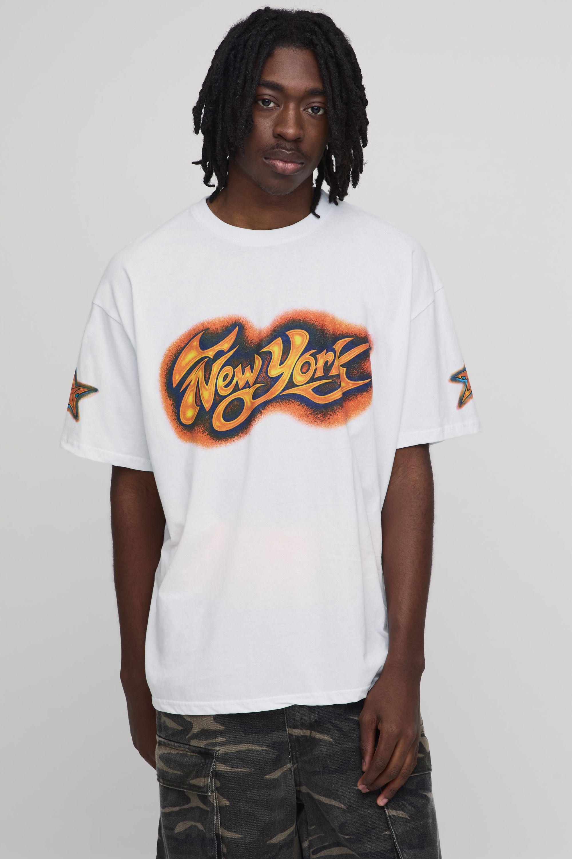 White Oversized Airbrushed New York Print T-Shirt by BOOHOOMAN