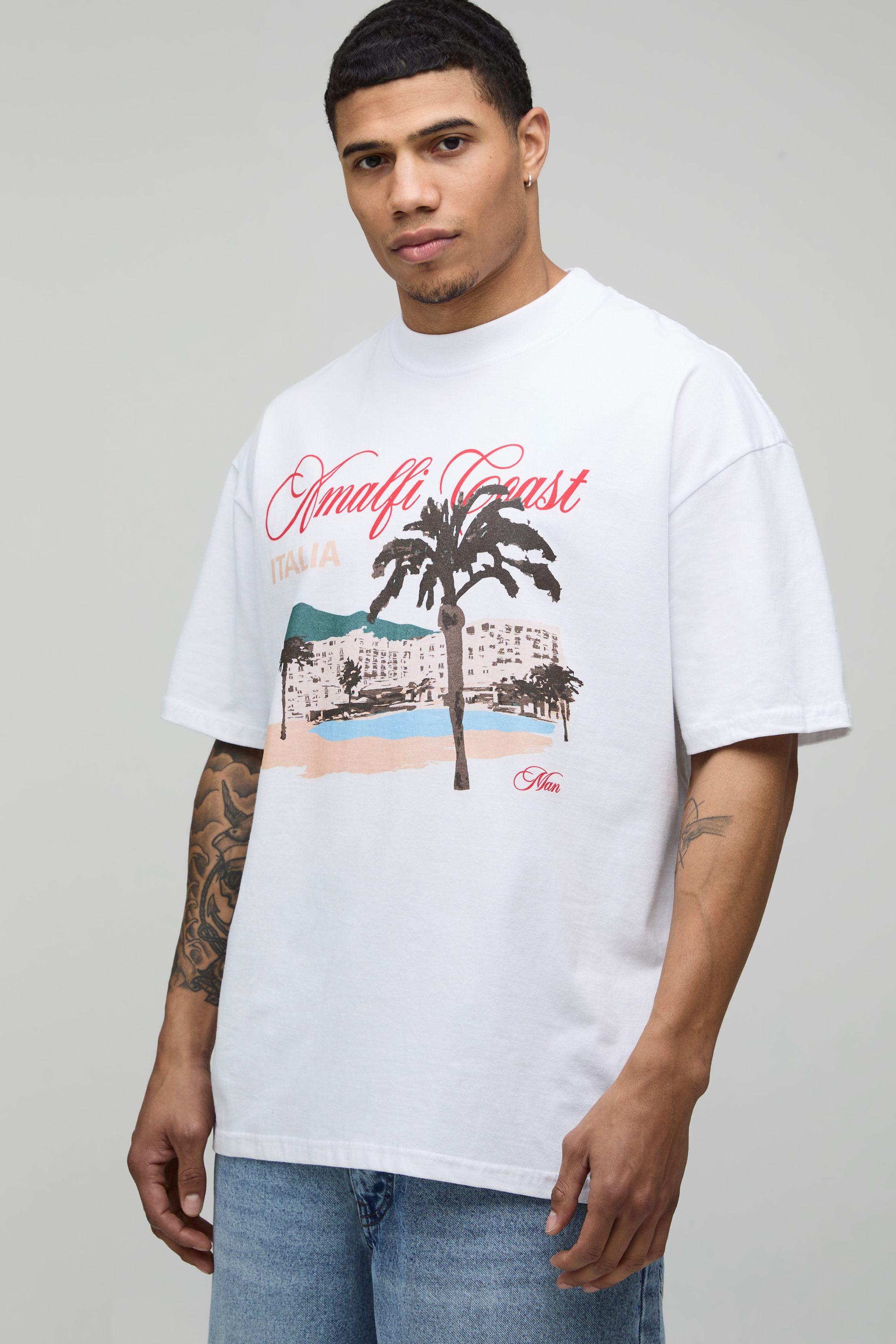 White Oversized Amalfi Coast Print T-Shirt by BOOHOOMAN