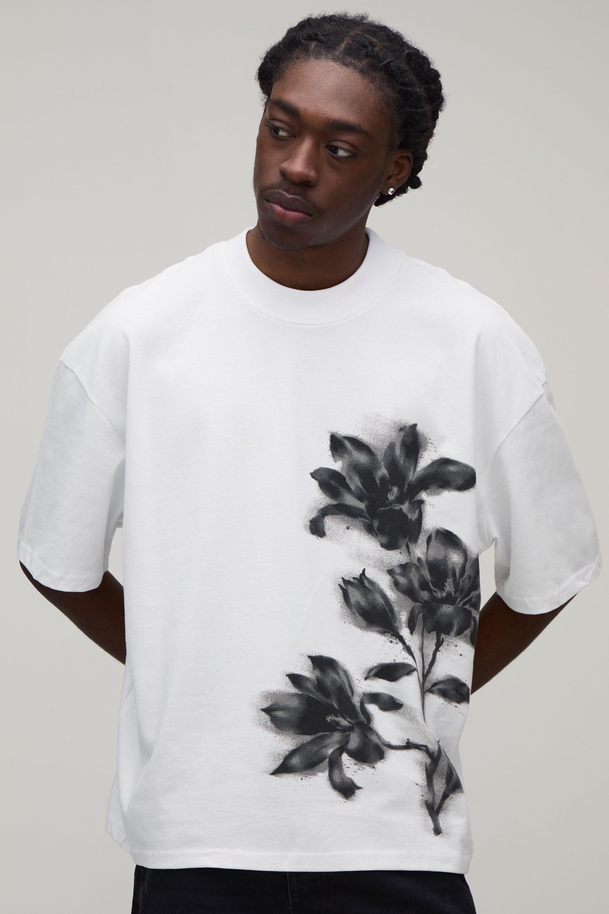 White Oversized Boxy Blurred Floral Print T-Shirt by BOOHOOMAN