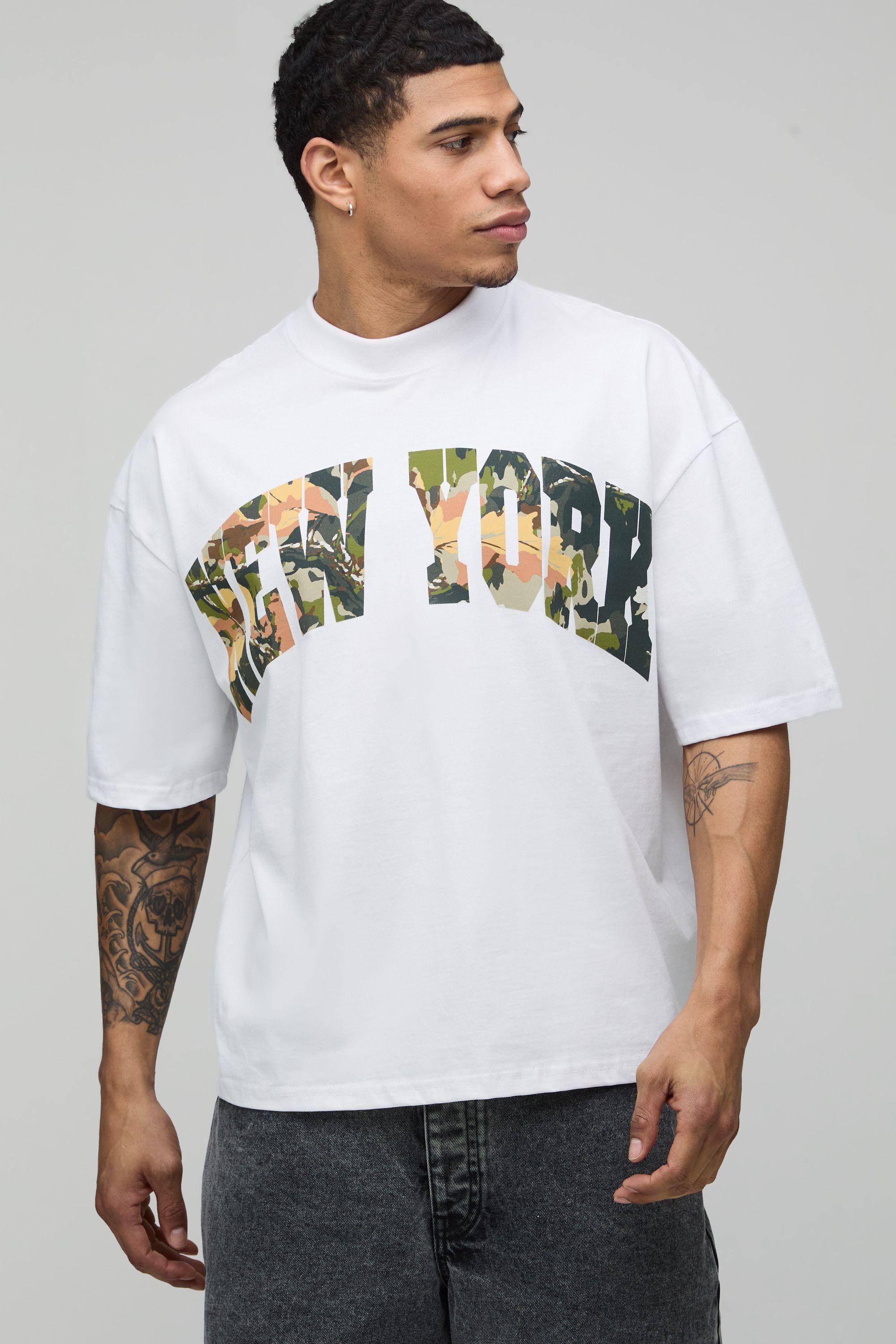 White Oversized Boxy New York Camo Print T-Shirt by BOOHOOMAN