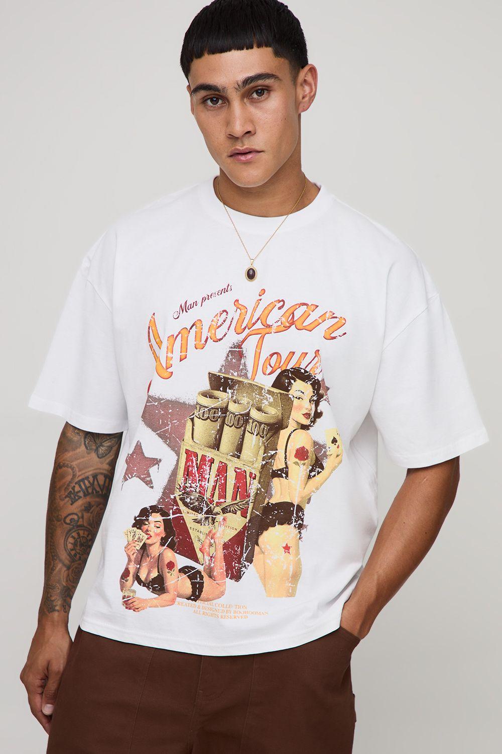 White Oversized Boxy Western Tour Printed T-Shirt by BOOHOOMAN