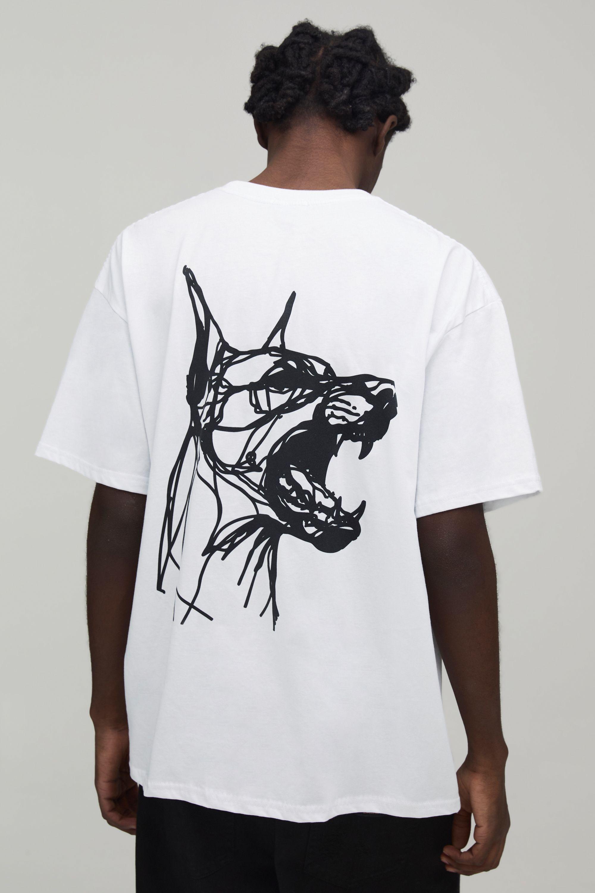 White Oversized Dog Line Drawing Print T-Shirt by BOOHOOMAN