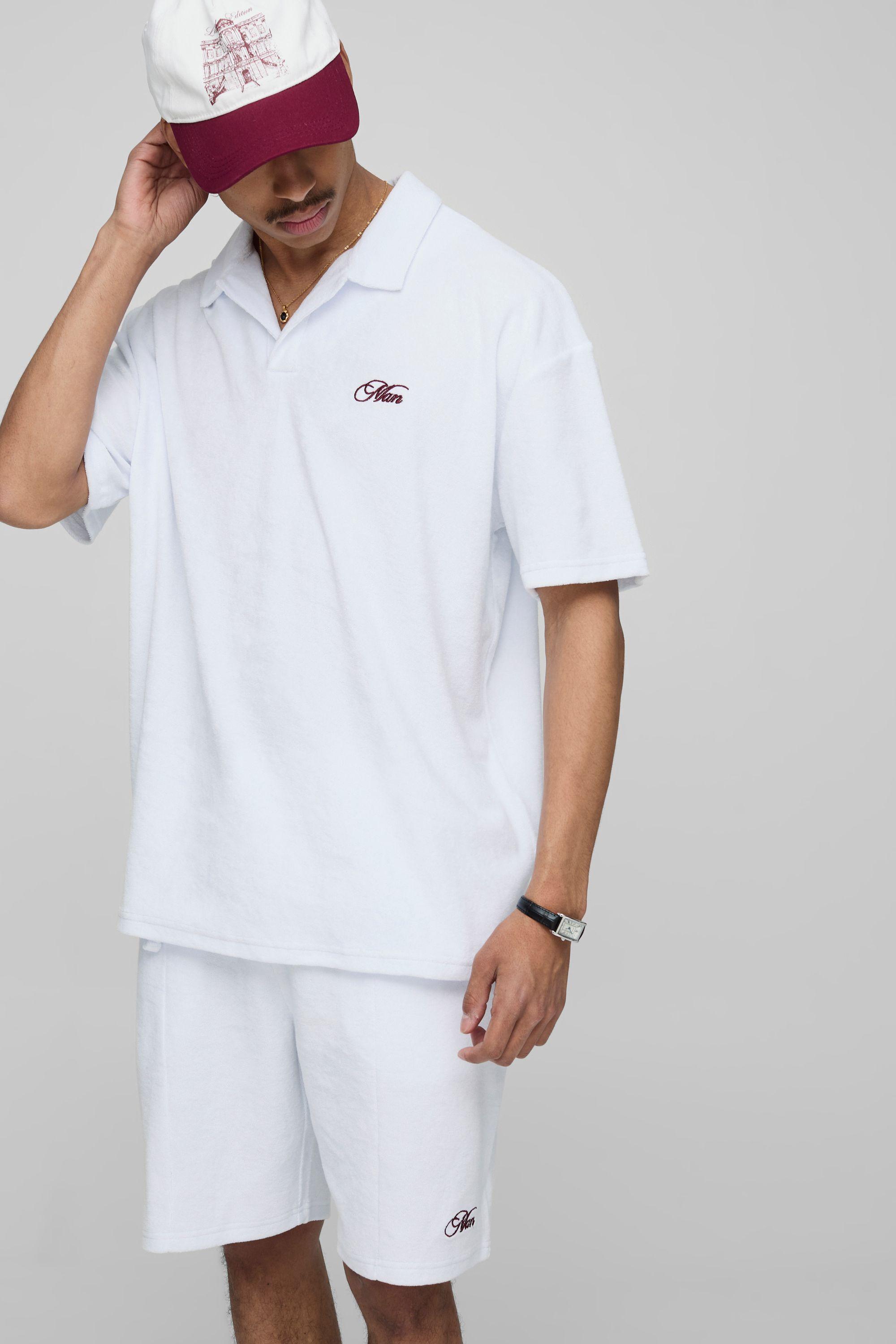 White Oversized Embroidered Towelling Revere Polo & Short Set by BOOHOOMAN