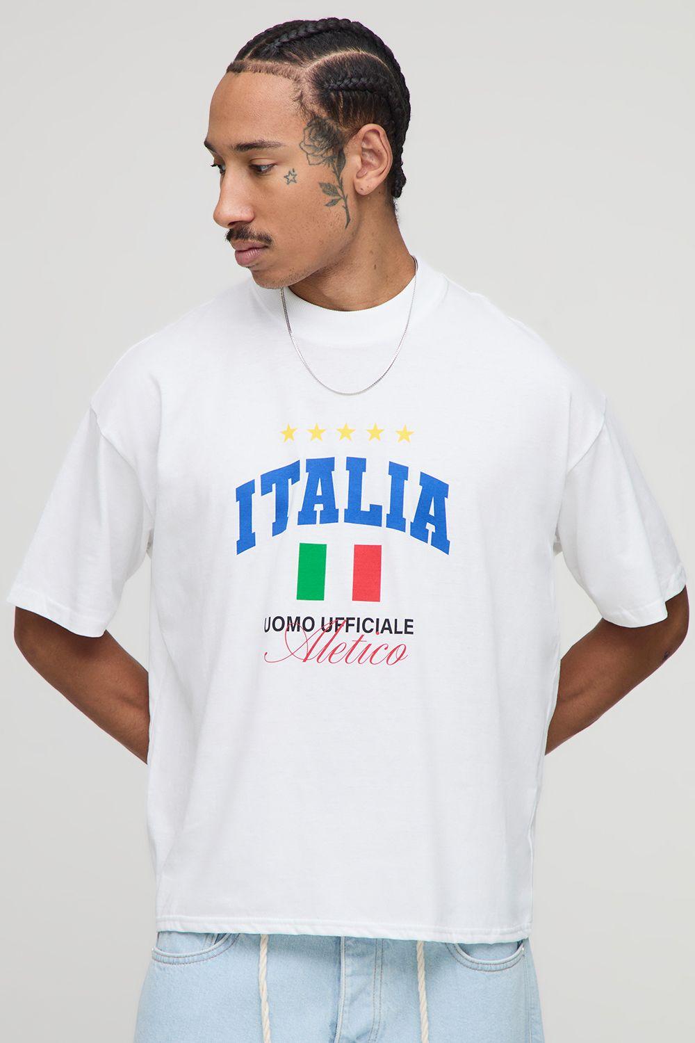 White Oversized Extended Neck Boxy Italia Printed T-Shirt by BOOHOOMAN