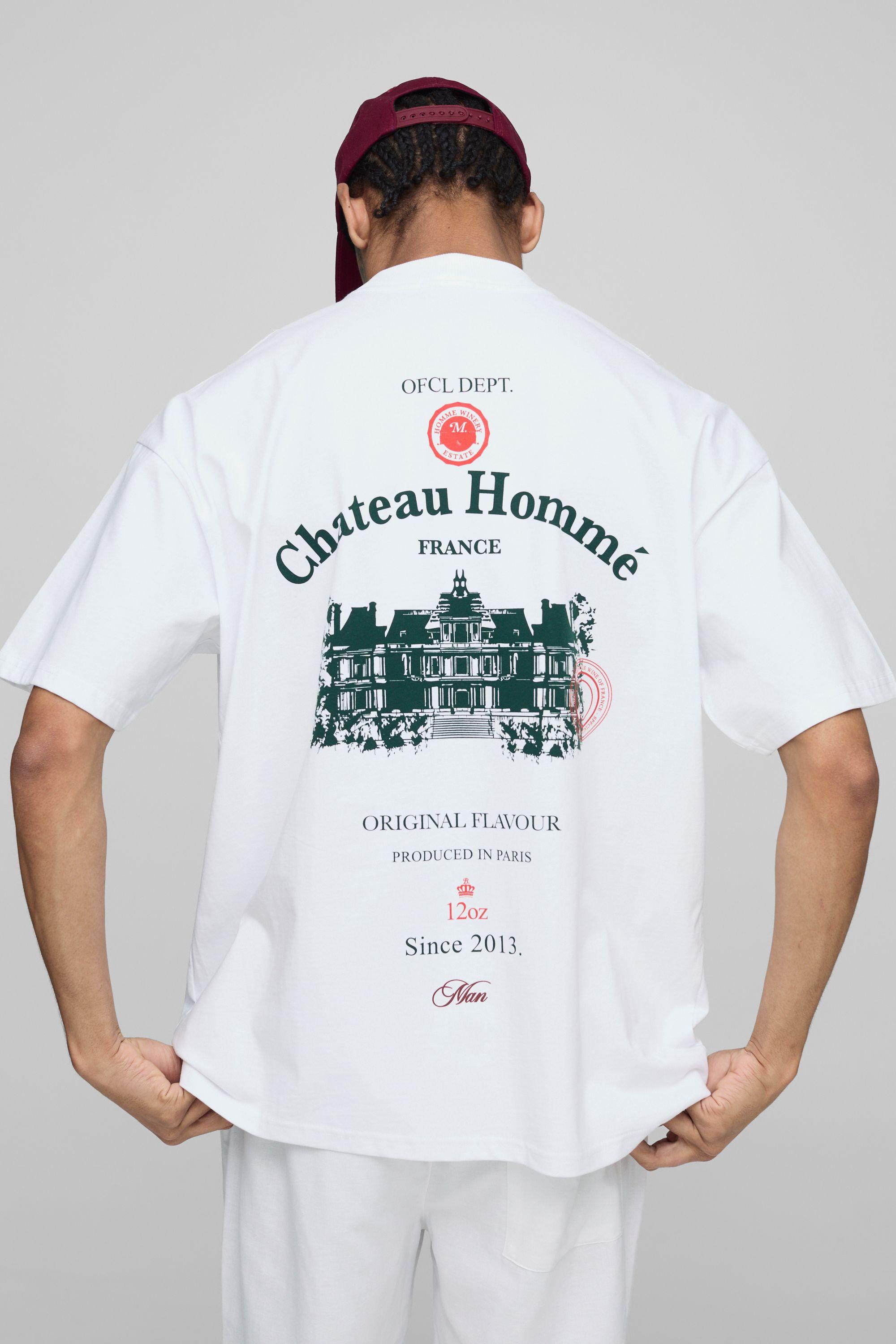 White Oversized Extended Neck Chateau Print T-Shirt by BOOHOOMAN