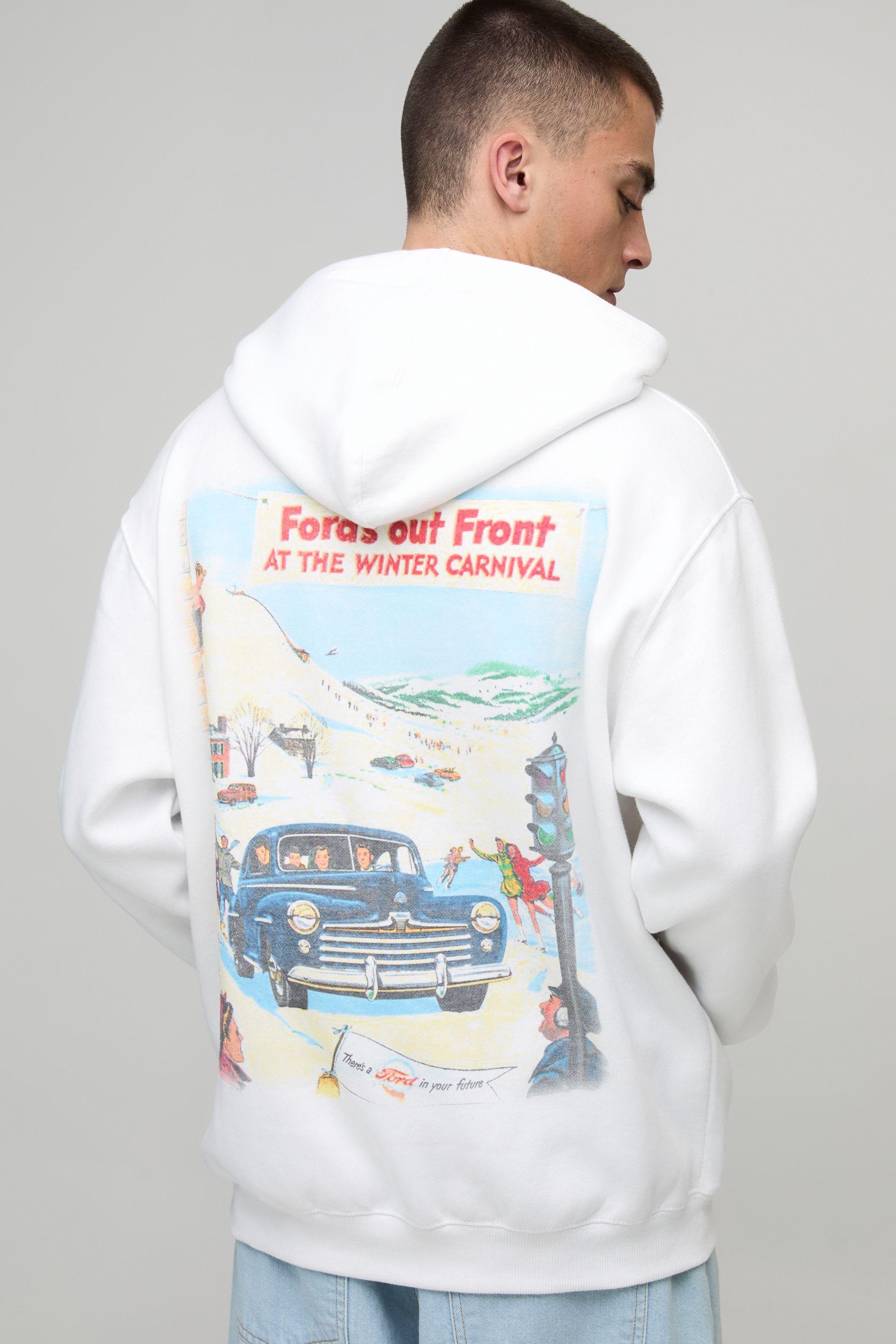 White Oversized Ford Winter Carnival License Printed Hoodie by BOOHOOMAN