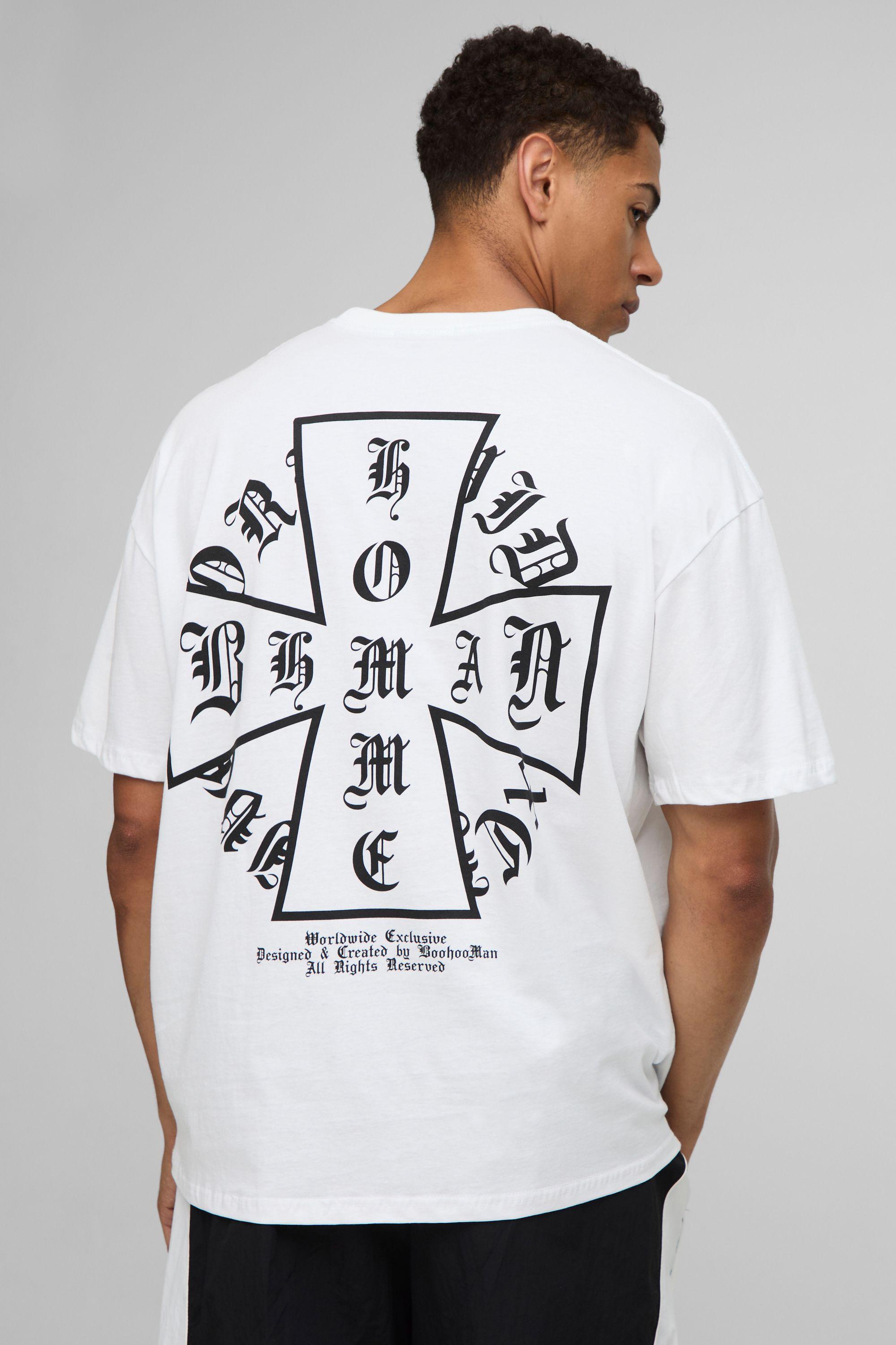 White Oversized Homme Cross Printed T-Shirt by BOOHOOMAN