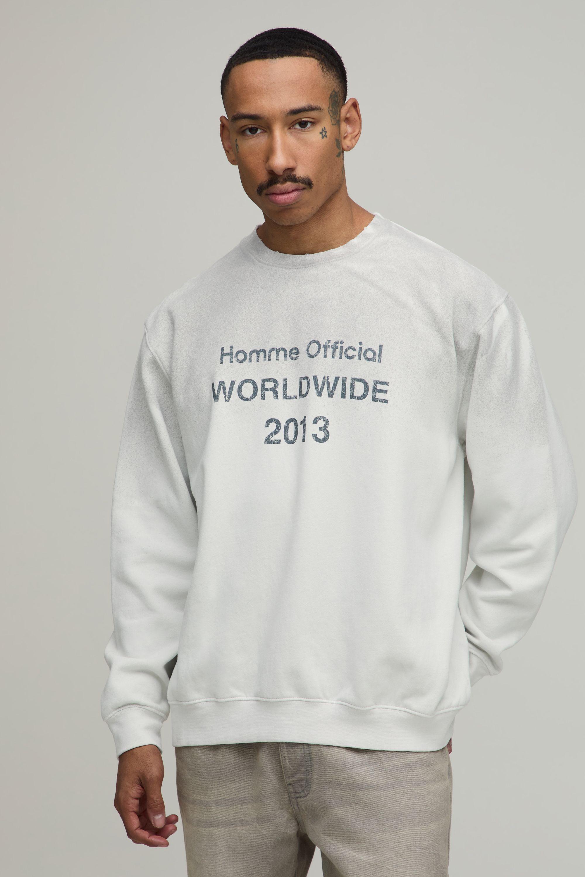 White Oversized Homme Official Print Spray Wash Sweatshirt by BOOHOOMAN