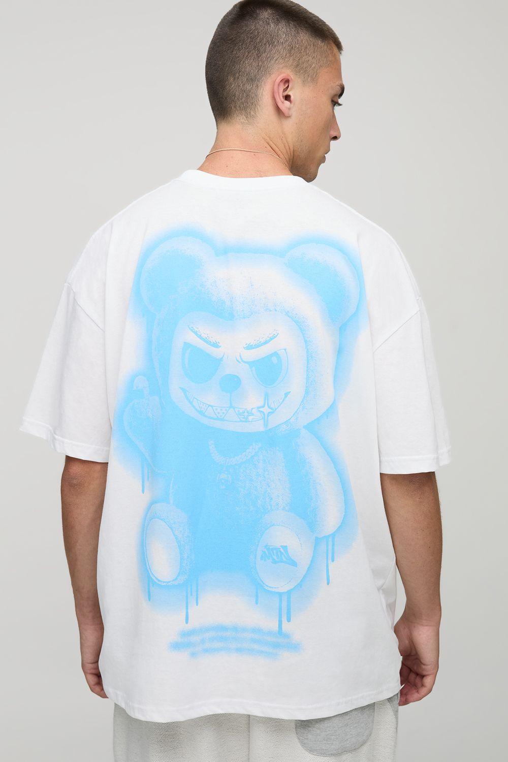 White Oversized Man Graffiti Bear Graphic T-Shirt by BOOHOOMAN