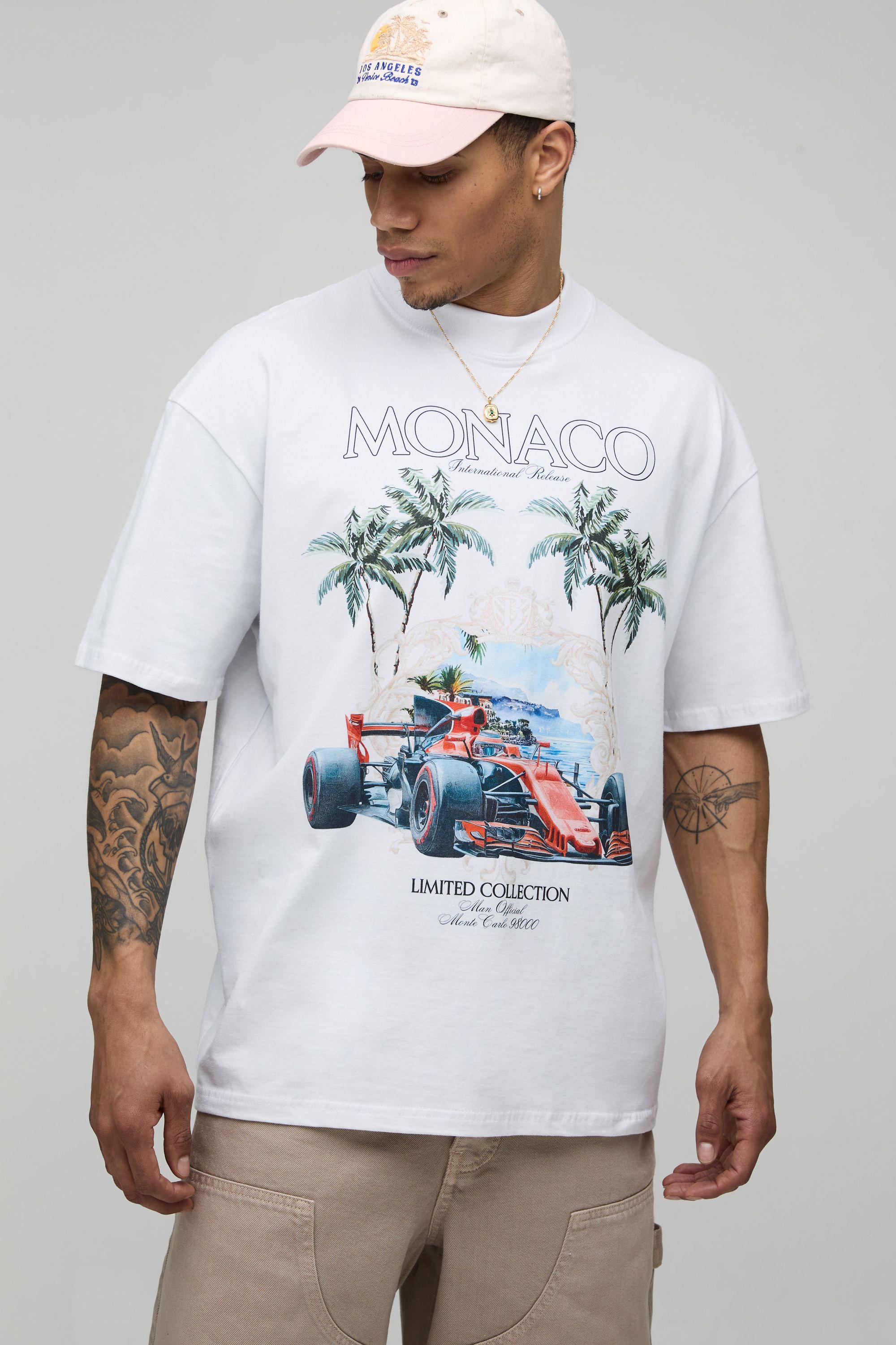 White Oversized Monaco Racing Print T-Shirt by BOOHOOMAN