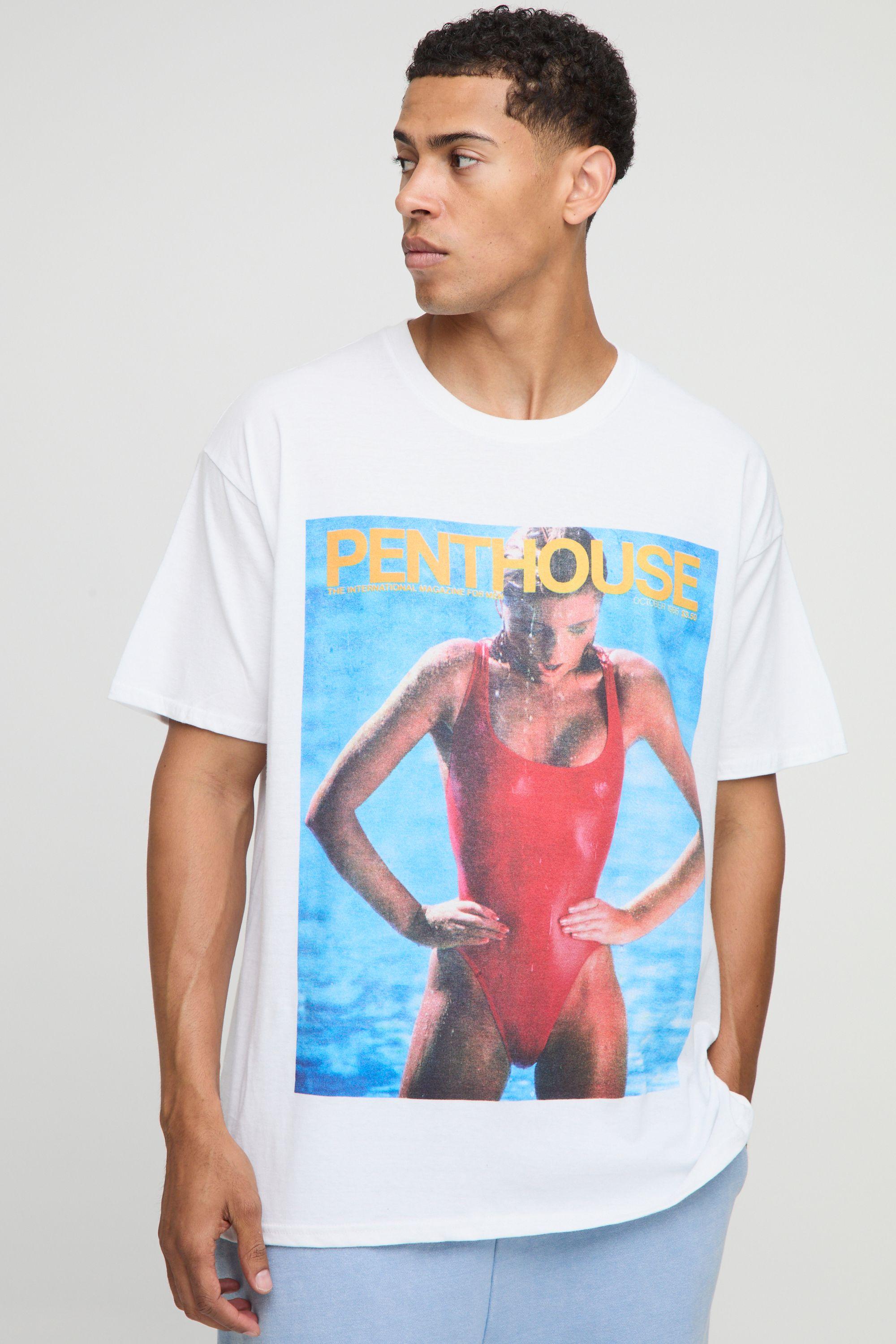 White Oversized Penthouse Magazine License T-Shirt by BOOHOOMAN