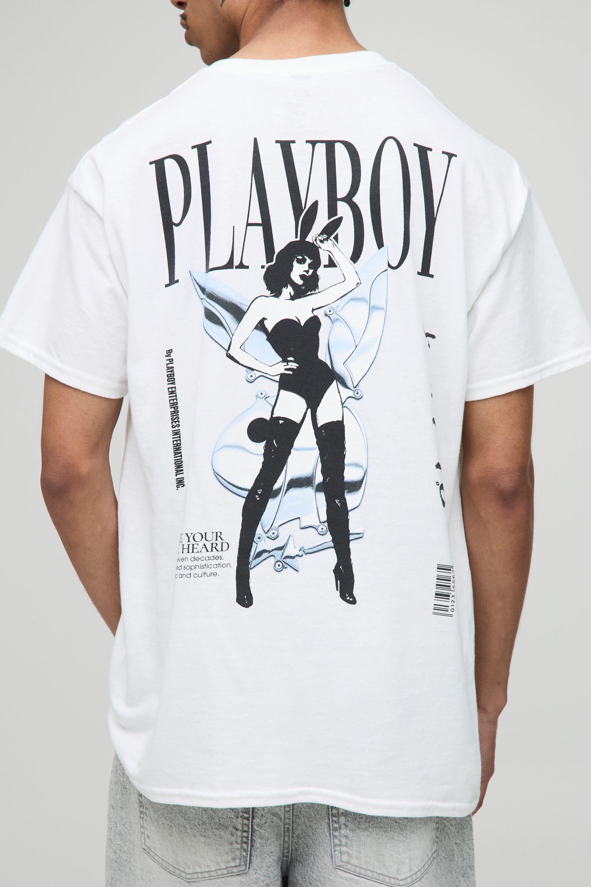 White Oversized Playboy License Printed T-Shirt by BOOHOOMAN