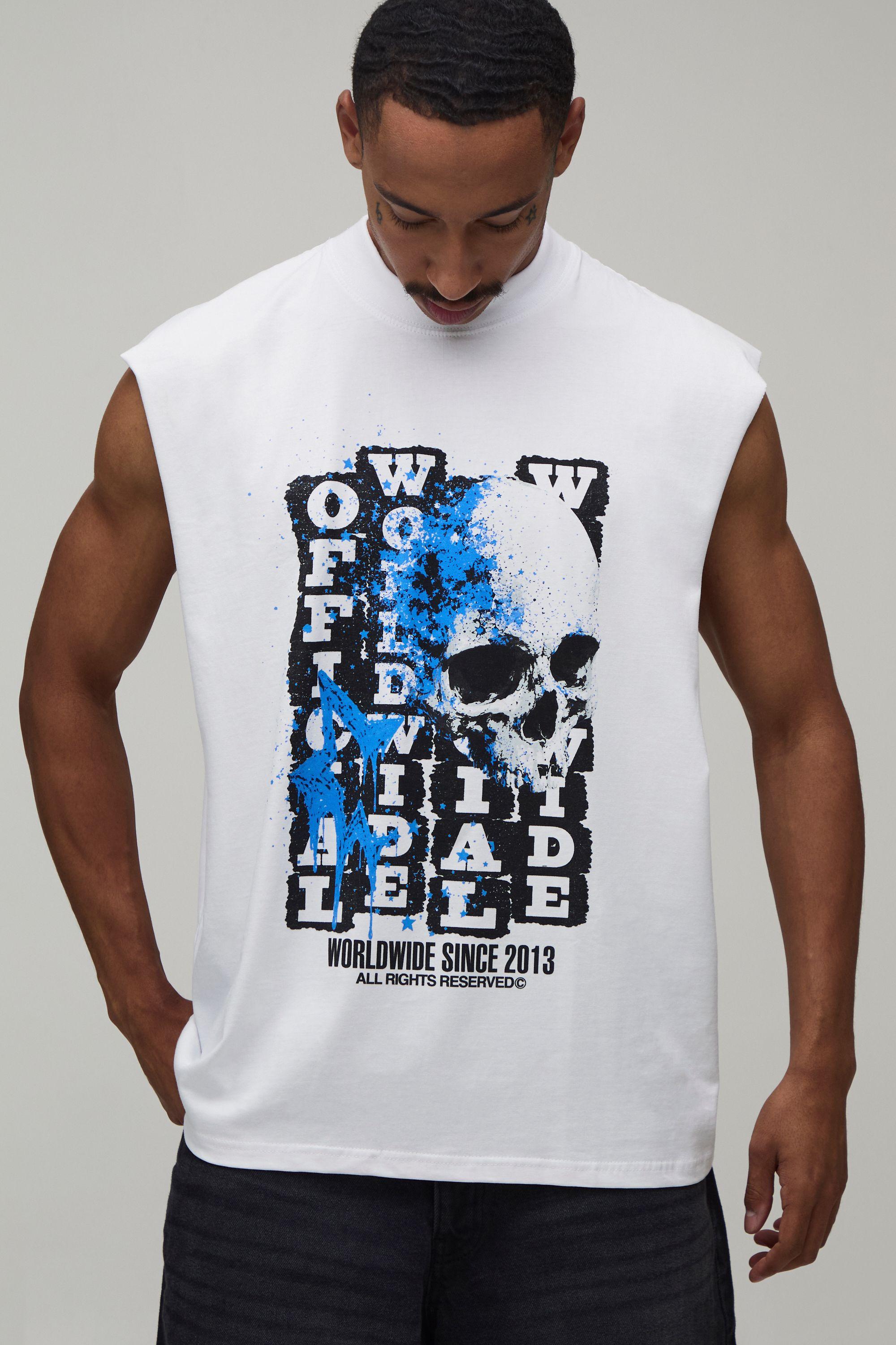 White Oversized Skull Print Tank by BOOHOOMAN