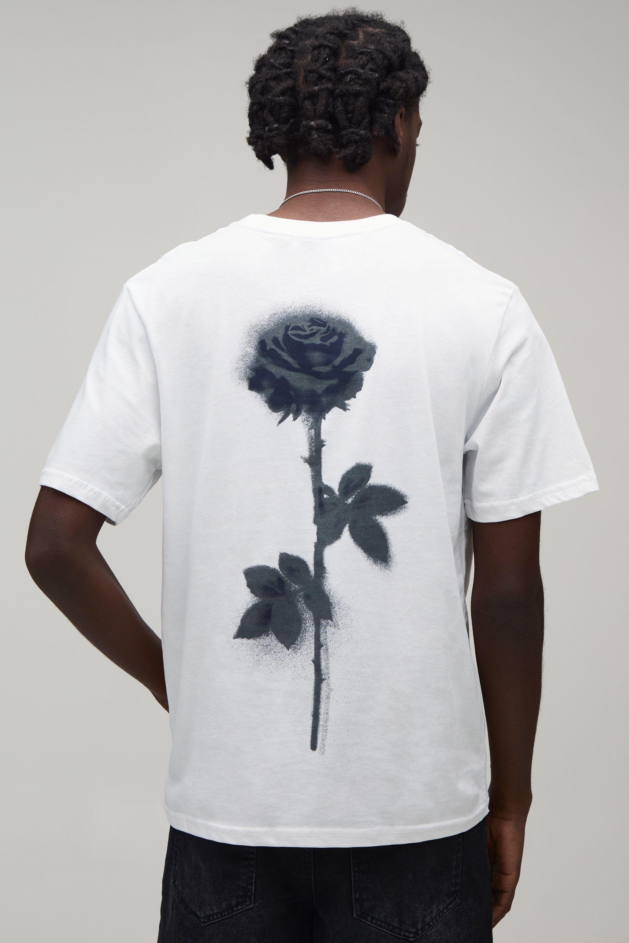 White Regular Blurred Floral Back Print T-Shirt by BOOHOOMAN