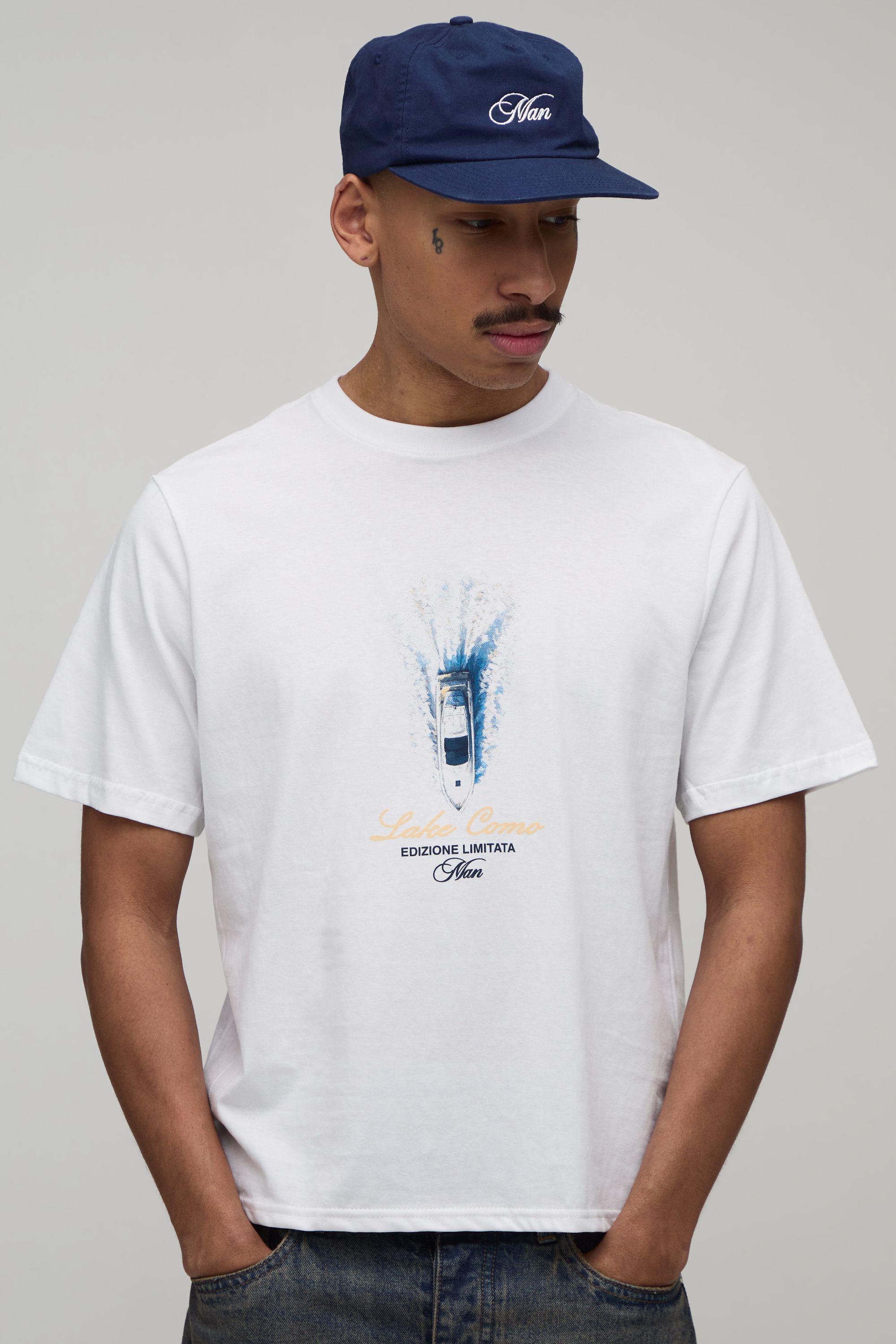 White Regular Boxy Lake Como Print T-Shirt by BOOHOOMAN