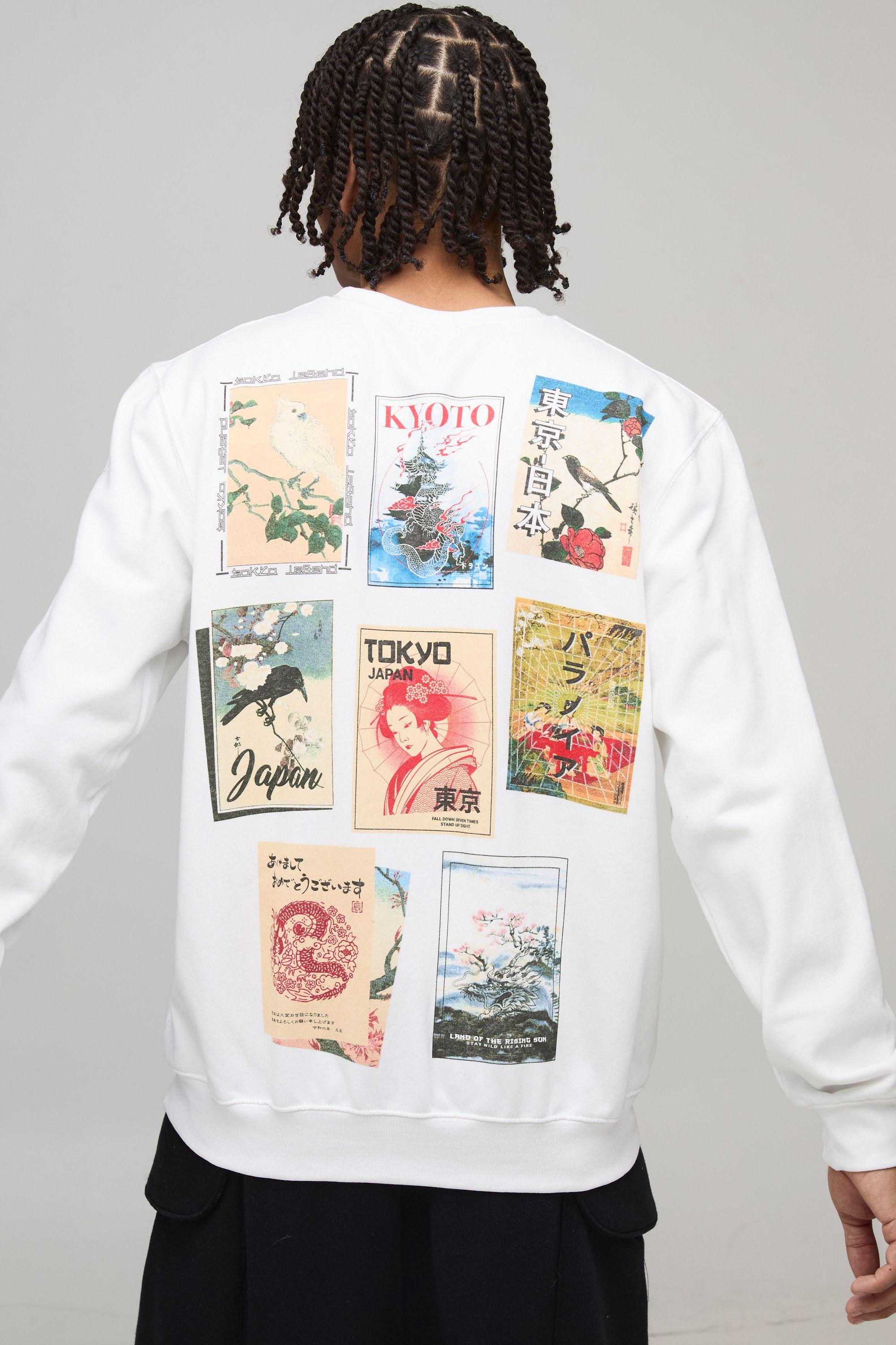 White Regular Tokyo Postcard Print Sweatshirt by BOOHOOMAN