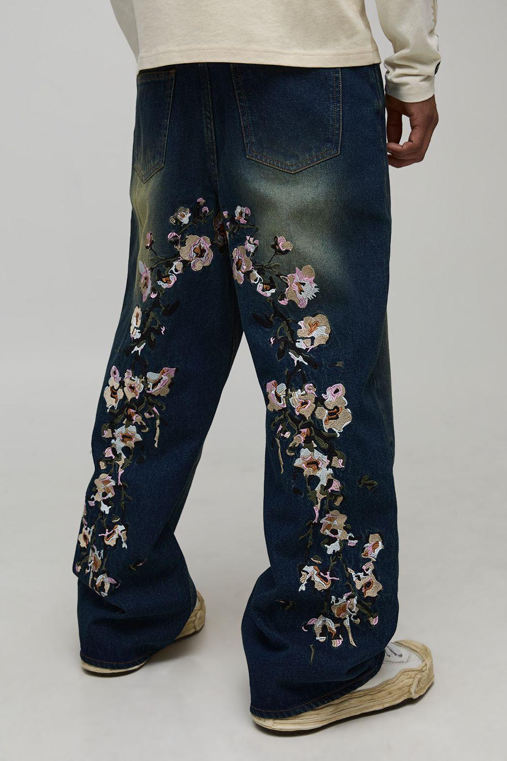 Wide Leg Floral Embroidered Jeans by BOOHOOMAN