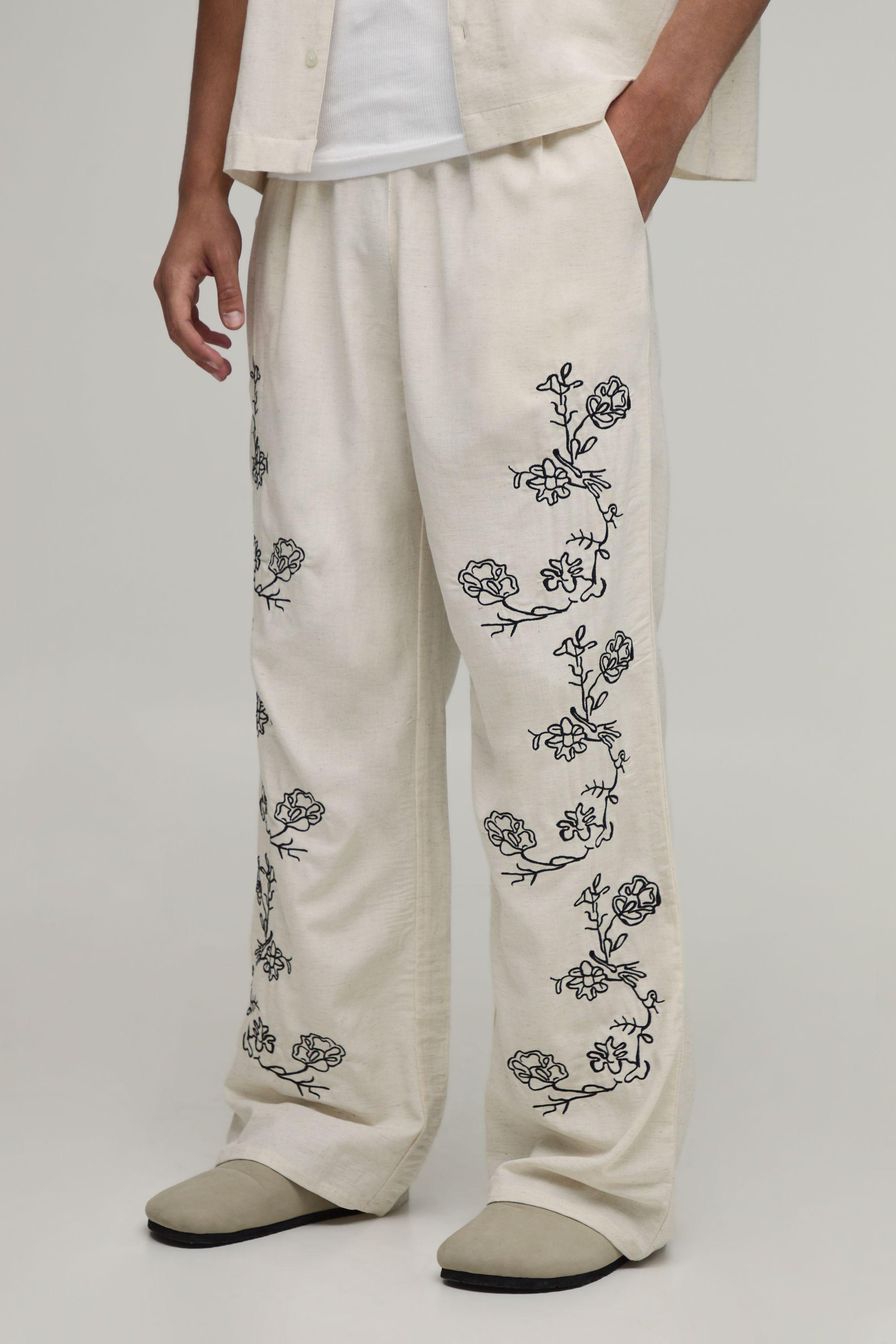 Wide Leg Linen Blend Embroidered Seam Trousers by BOOHOOMAN