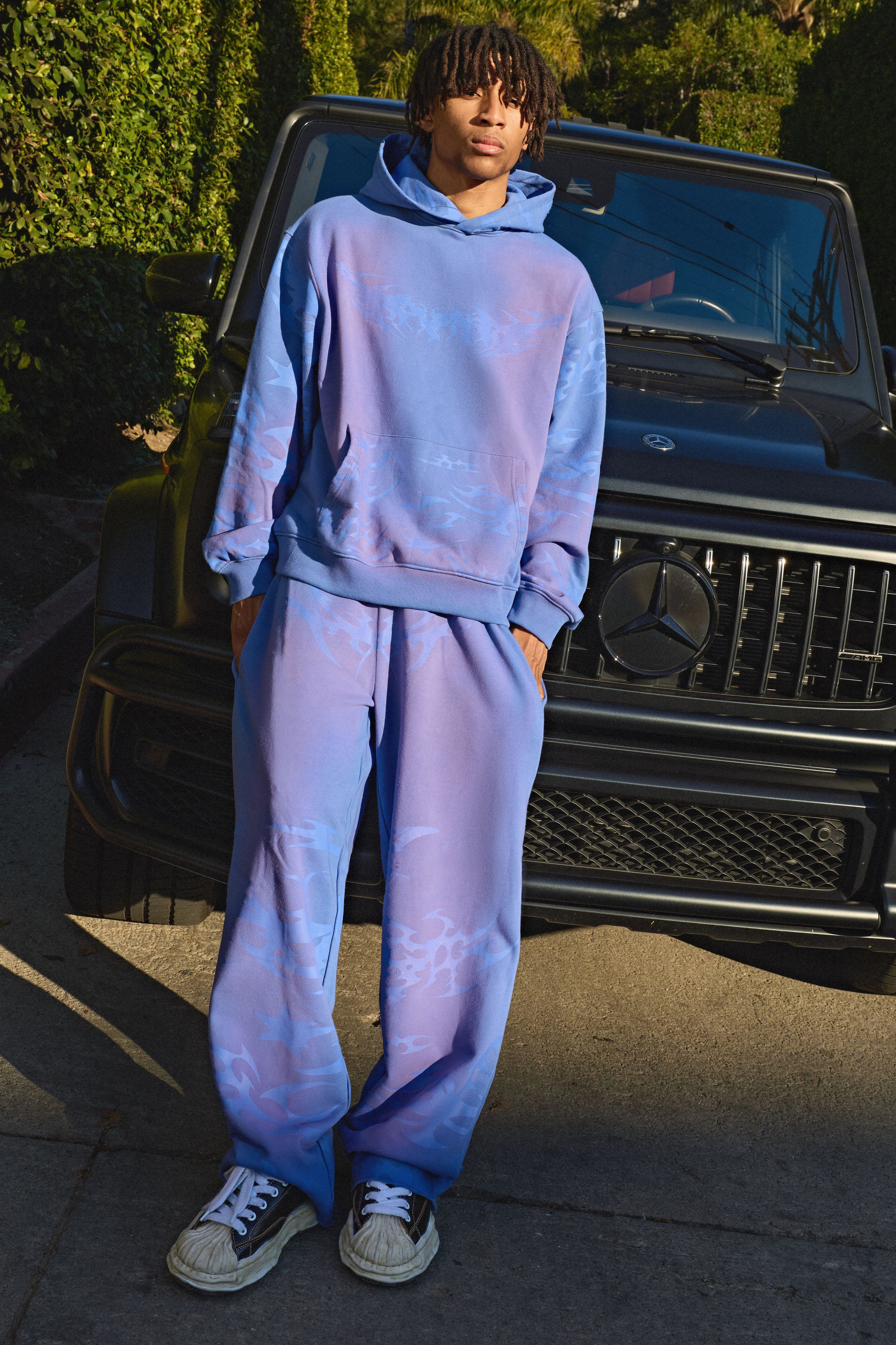Wide Leg Loopback Distressed All Over Printed Joggers by BOOHOOMAN